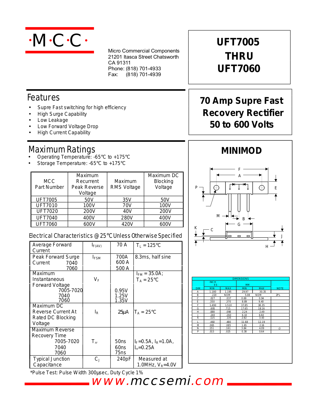 MCC UFT7060, UFT7040, UFT7020, UFT7010, UFT7005 Datasheet