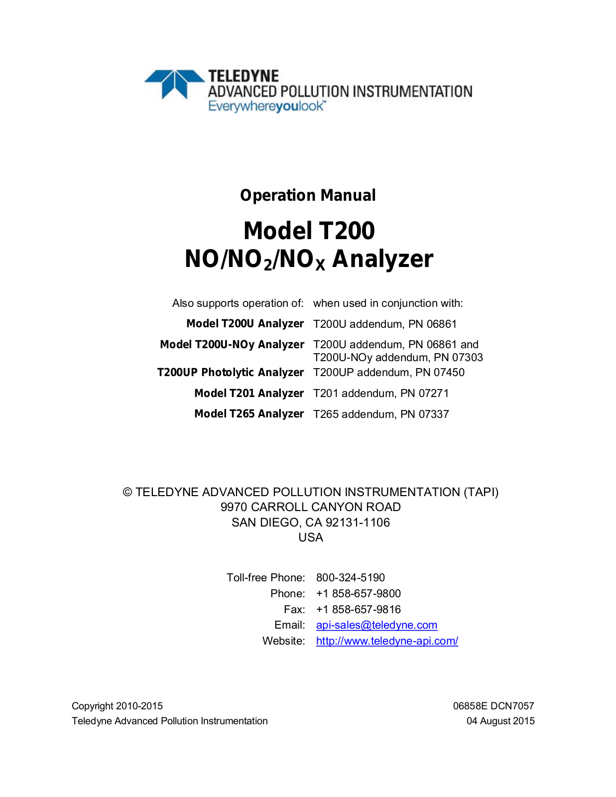 Teledyne T200, T200U, T201, T265, T200U-NOY Operation Manual