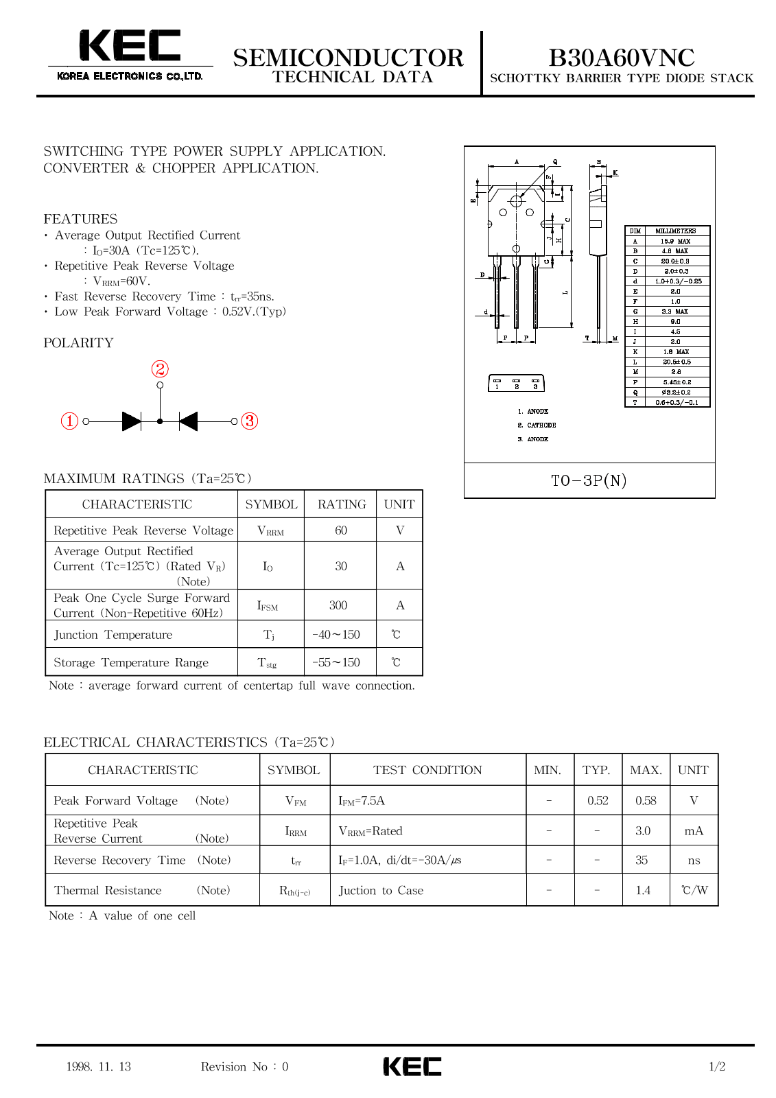 Korea Electronics Co  Ltd B30A60VNC Datasheet