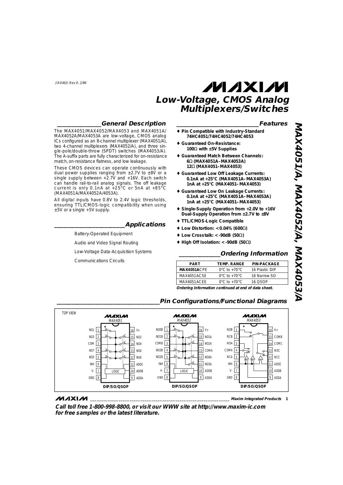 Maxim MAX4051CEE, MAX4051AESE, MAX4051AEPE, MAX4051AEEE, MAX4051ACSE Datasheet