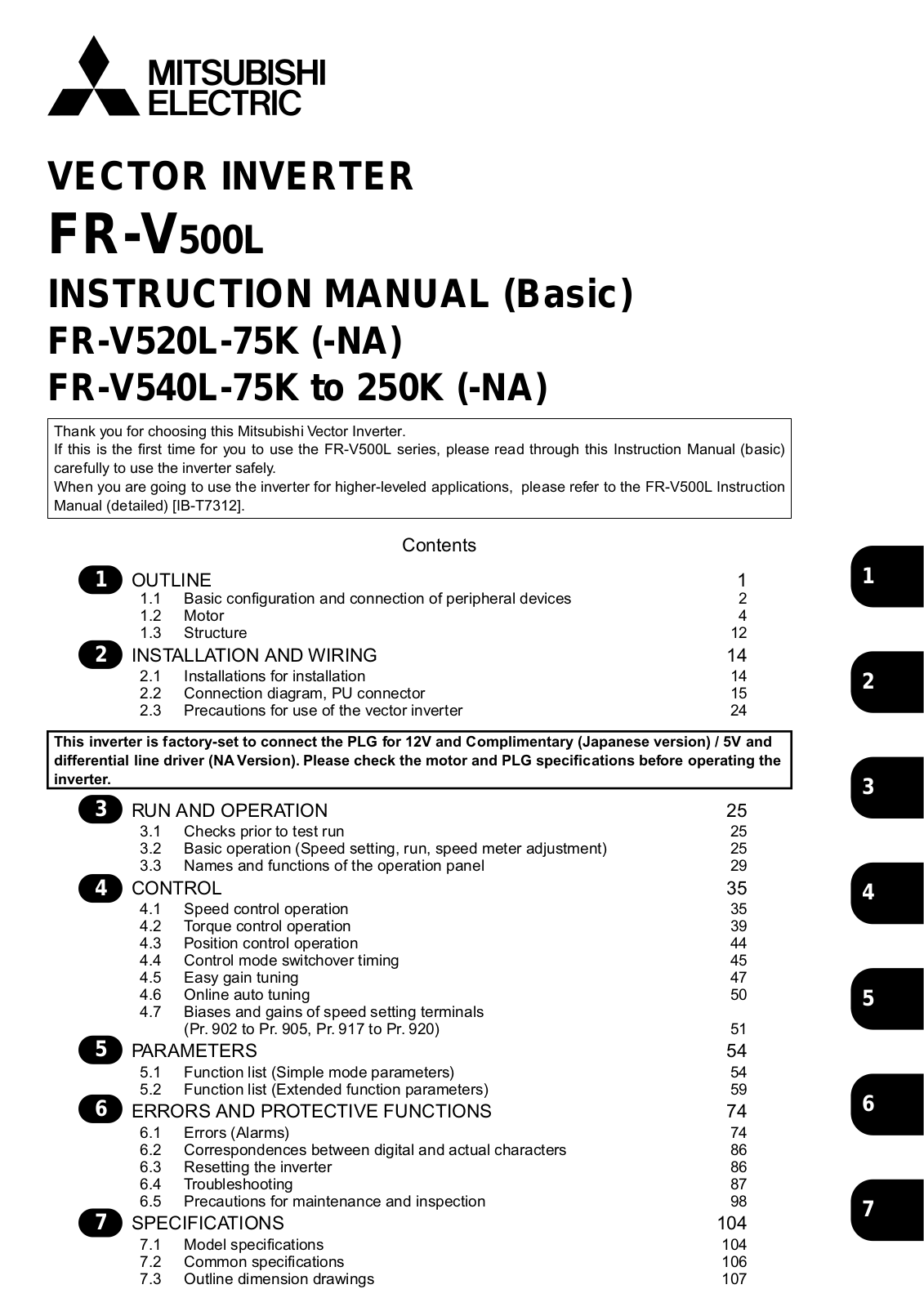 Mitsubishi Electronics FR-V540L-75K, FR-V520L-75K, FR-V500L User Manual