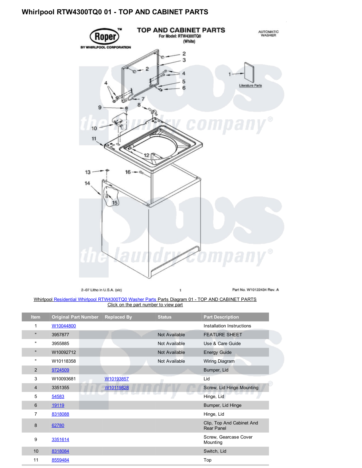 Whirlpool RTW4300TQ0 Parts Diagram