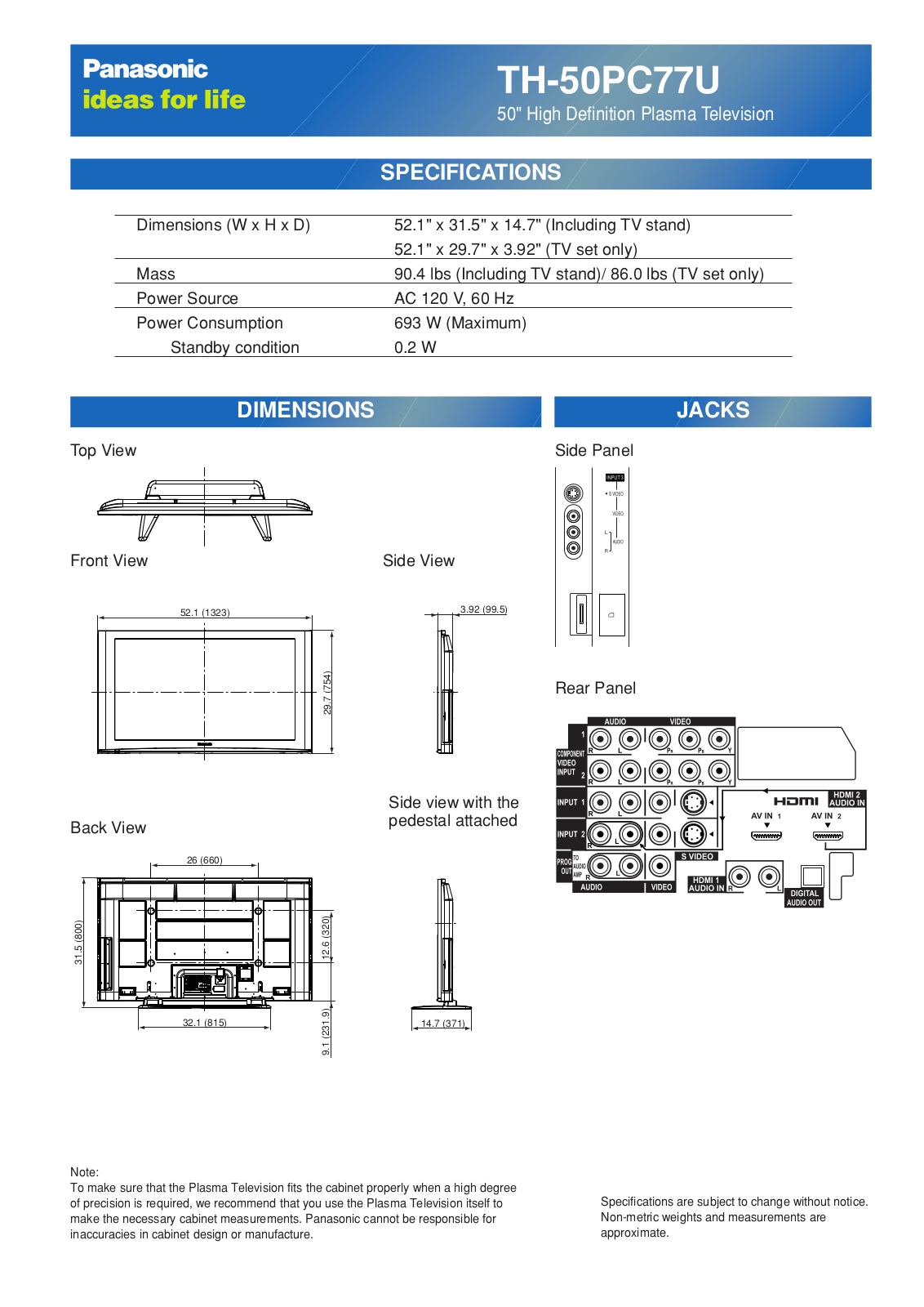 Panasonic th-50pc77 cut sheet - ManualMachine.com