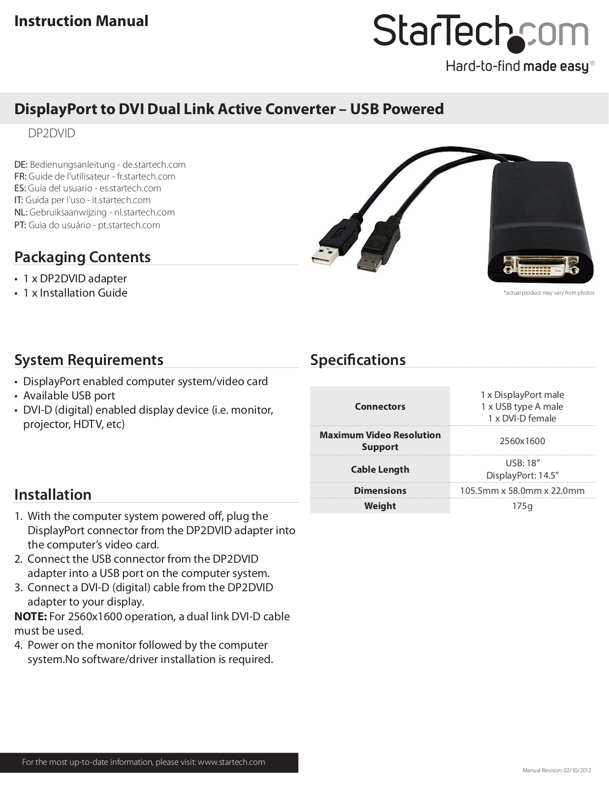 StarTech.com DP2DVID User Manual