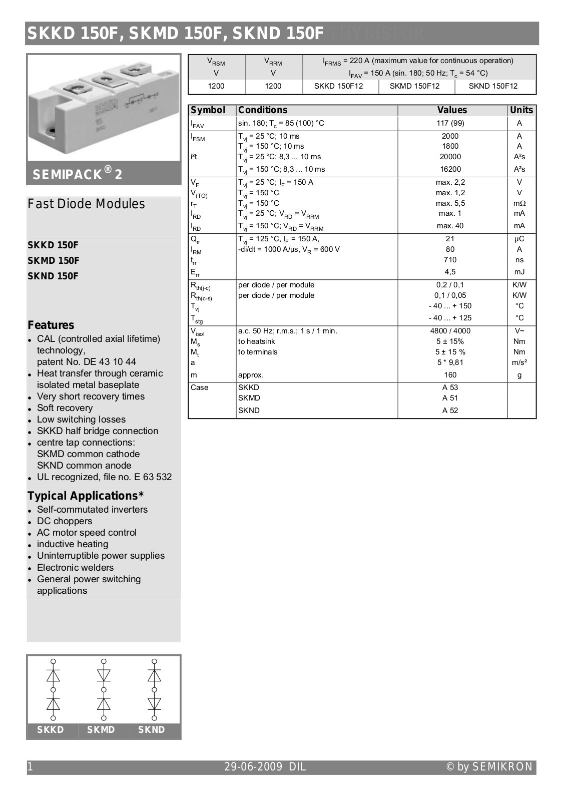 Semikron SKKD 150F, SKMD 150F, SKND 150F Data Sheet