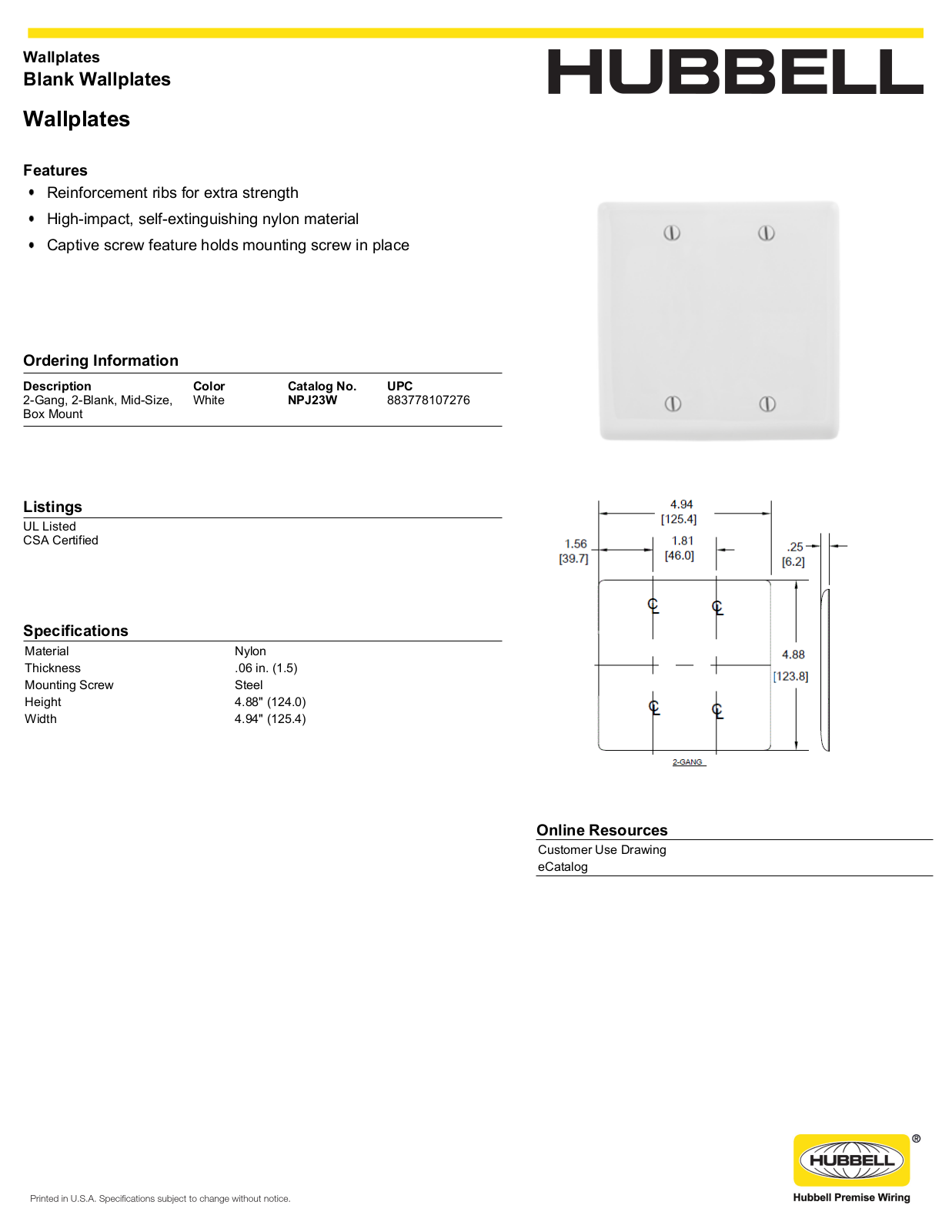 Hubbell NPJ23W Specifications