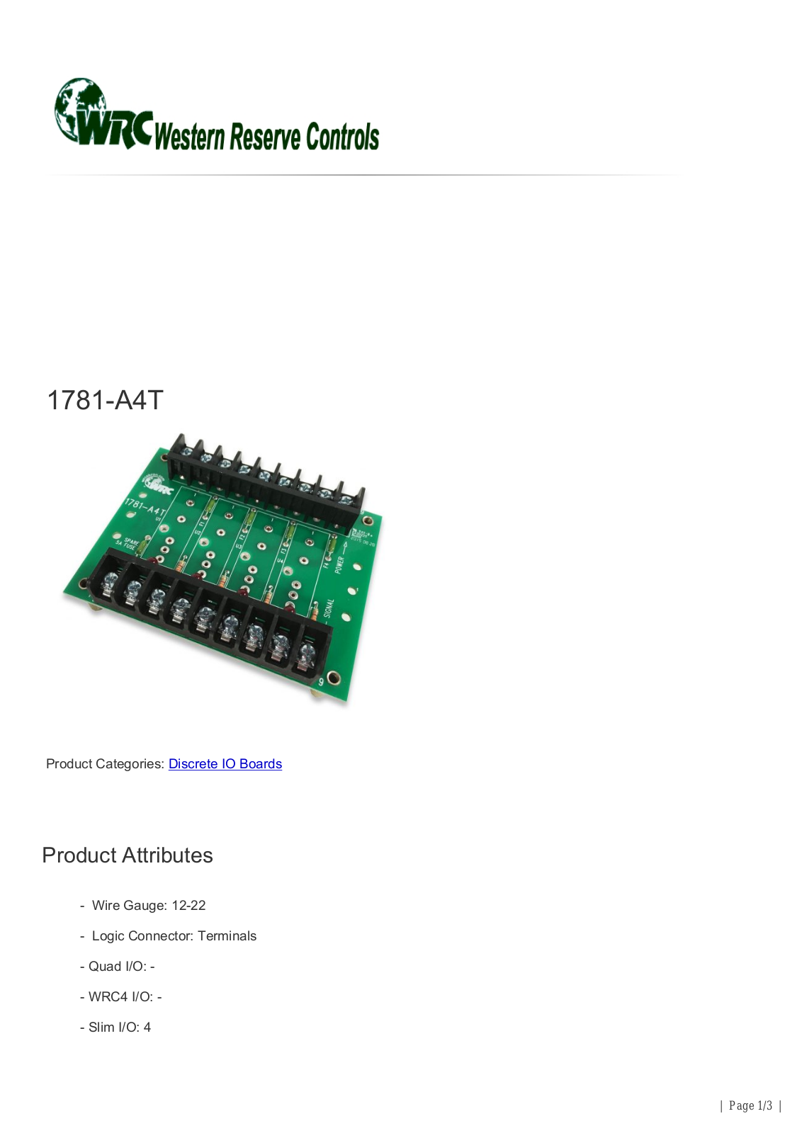 Western Reserve Controls 1781-A4T Data Sheet