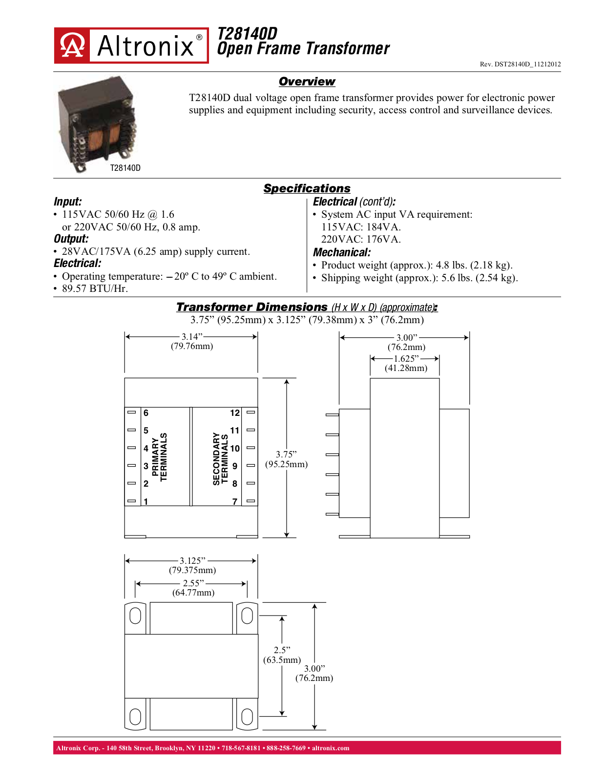 Altronix T28140D Specsheet