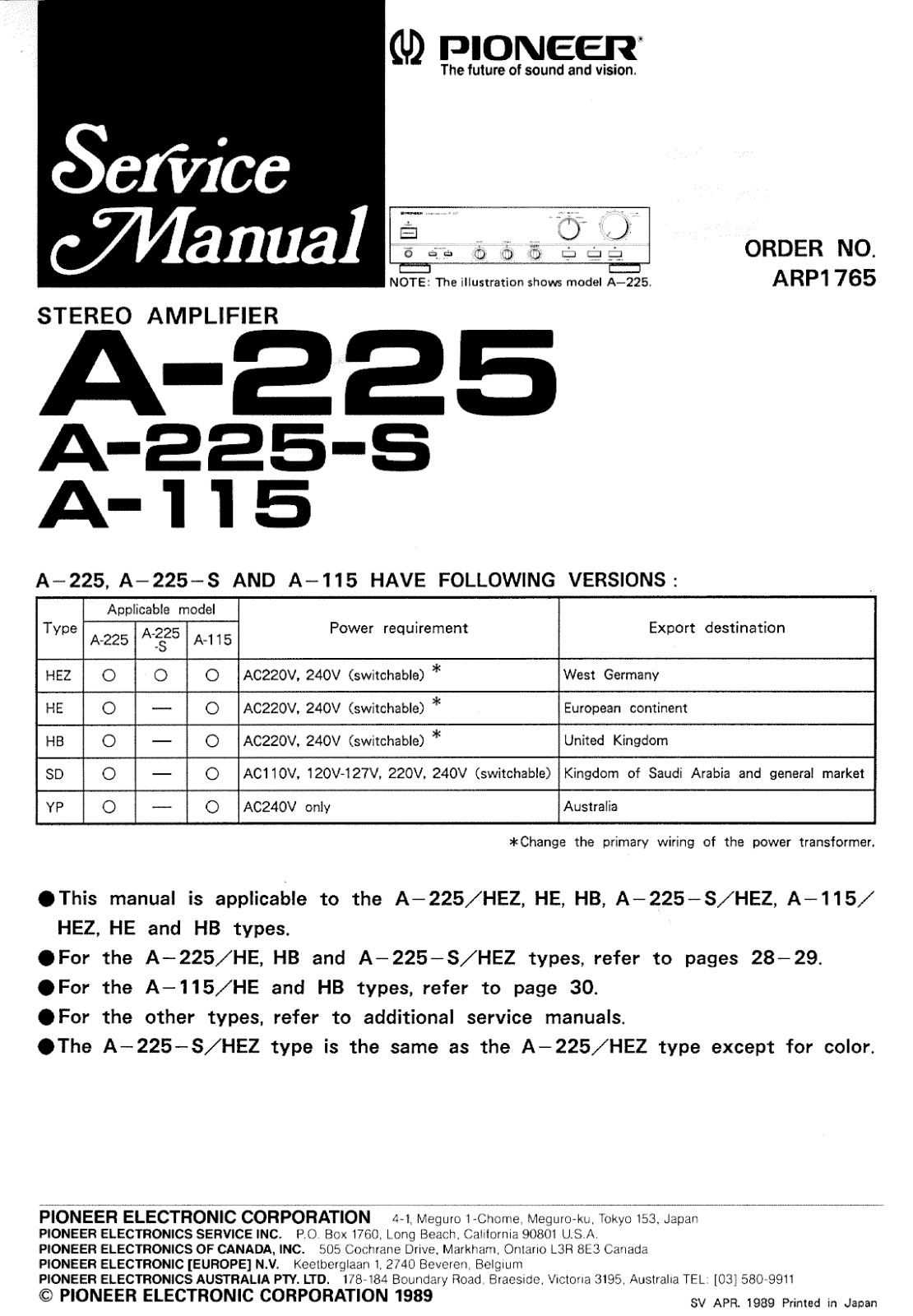 Pioneer A-115, A-225S Service Manual
