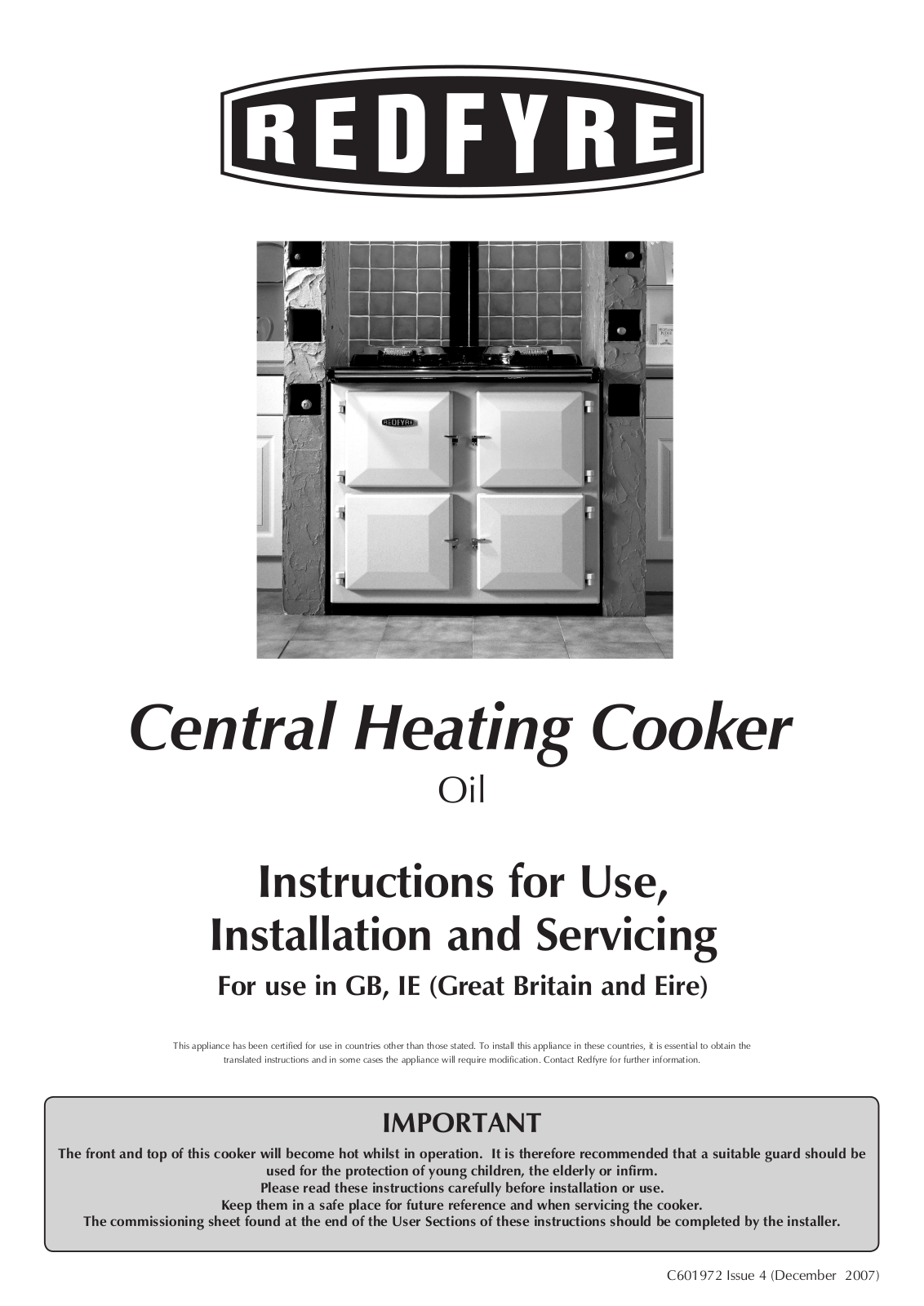 Redfyre Central Heating Cooker Oil Installation and Use Instruction