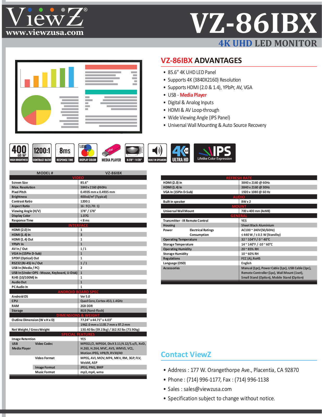 ViewZ VZ-86IBX Specsheet