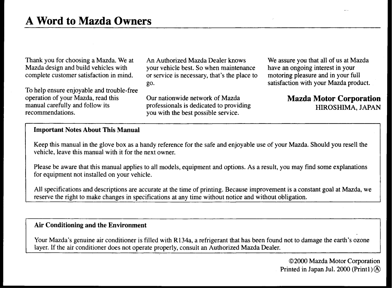 Mazda MPV 2000 Owner's Manual