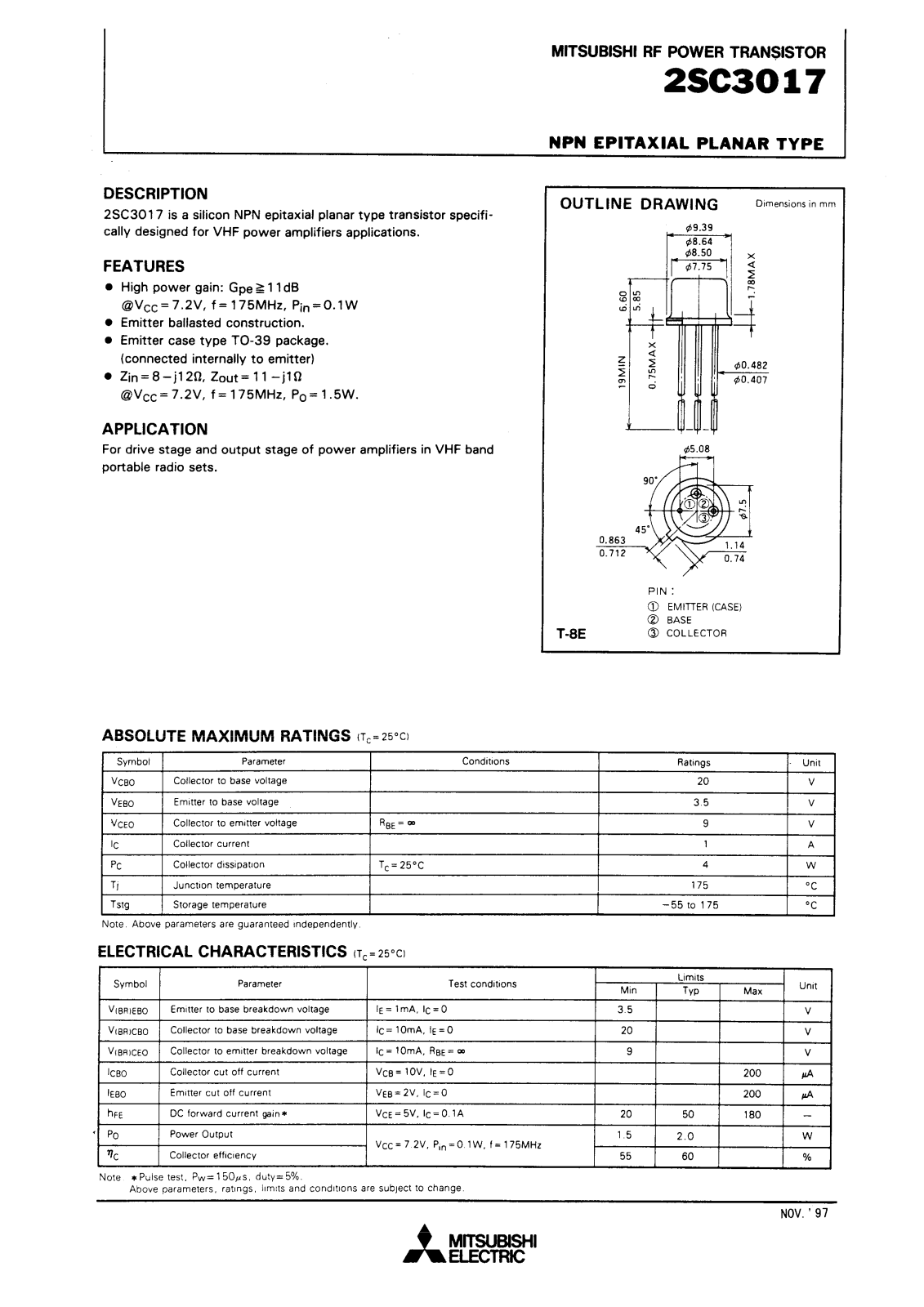 Mitsubishi Electric Corporation Semiconductor Group 2SC3017 Datasheet