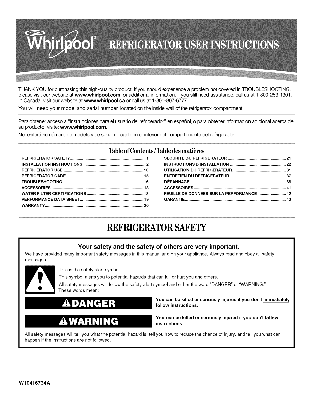 Whirlpool WRS950SIAB00, WRS950SIAE00, WRS950SIAH00, WRS950SIAM00, WRS950SIAW00 Owner’s Manual