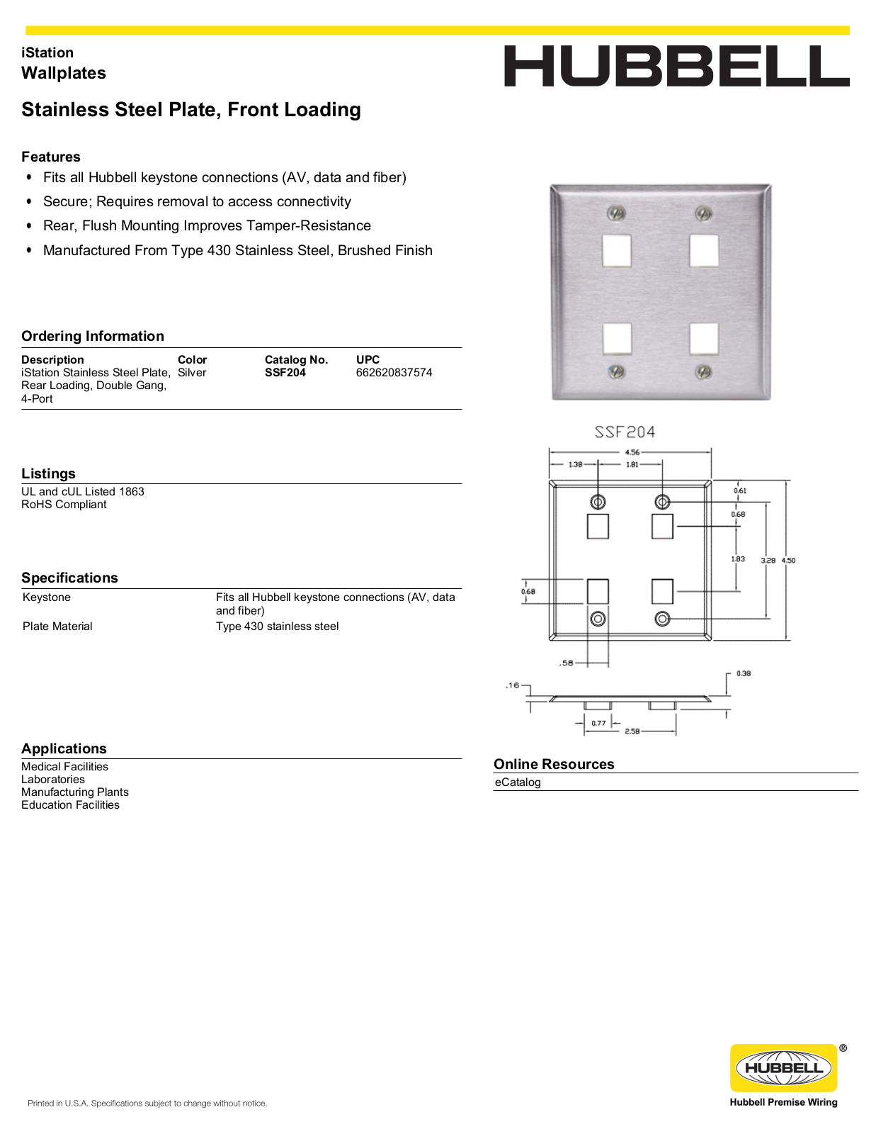 Hubbell SSF204 Specifications