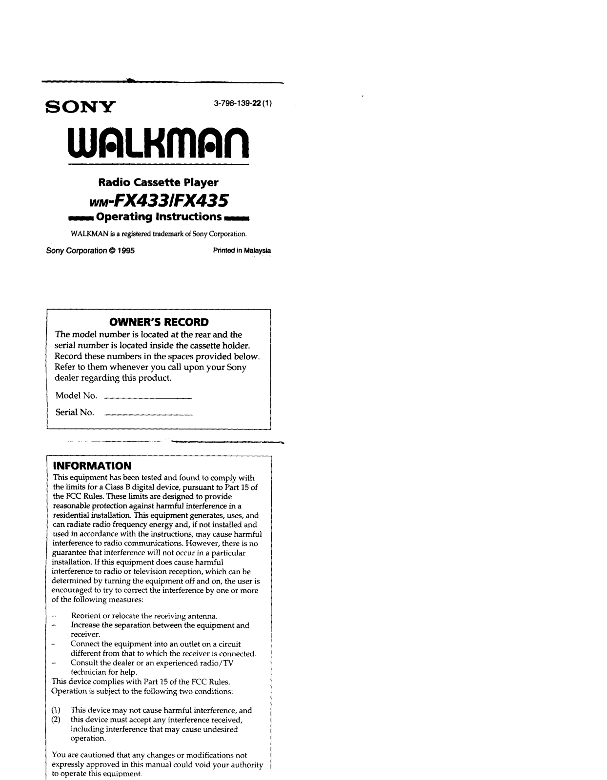 Sony WM-FX435 User Manual