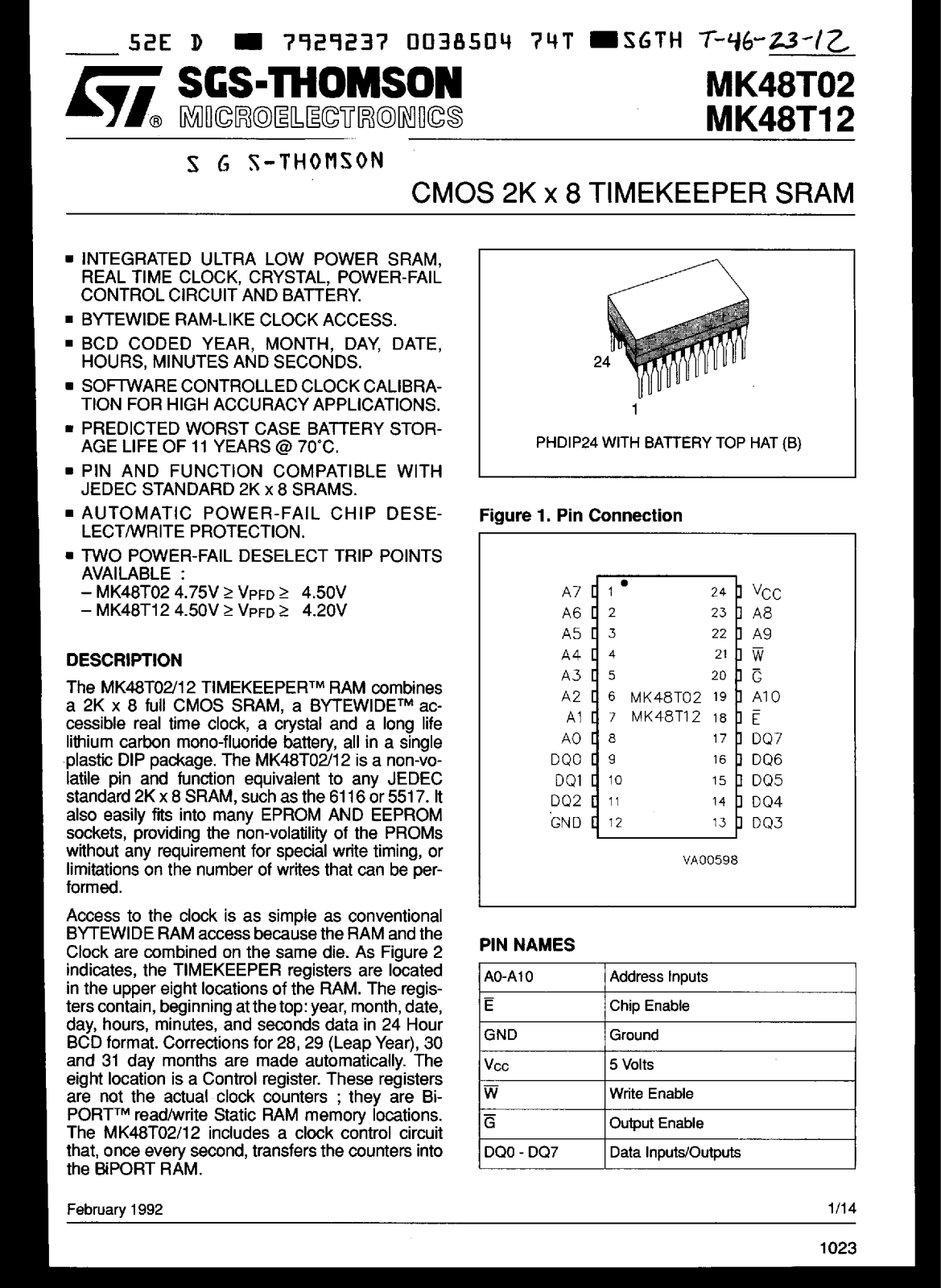 SGS Thomson Microelectronics MK48T02B-25, MK48T12B-12, MK48T12B-15, MK48T12B-20, MK48T02B-15 Datasheet