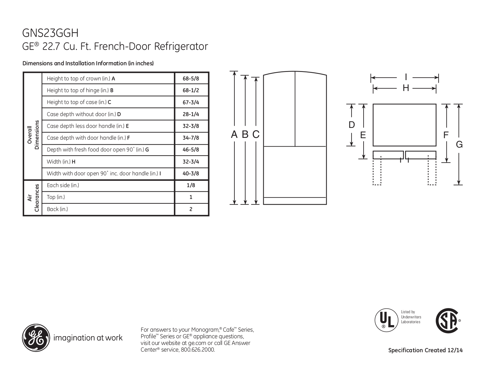 GE GNS23GGHBB, GNS23GGHWW Specification Sheet