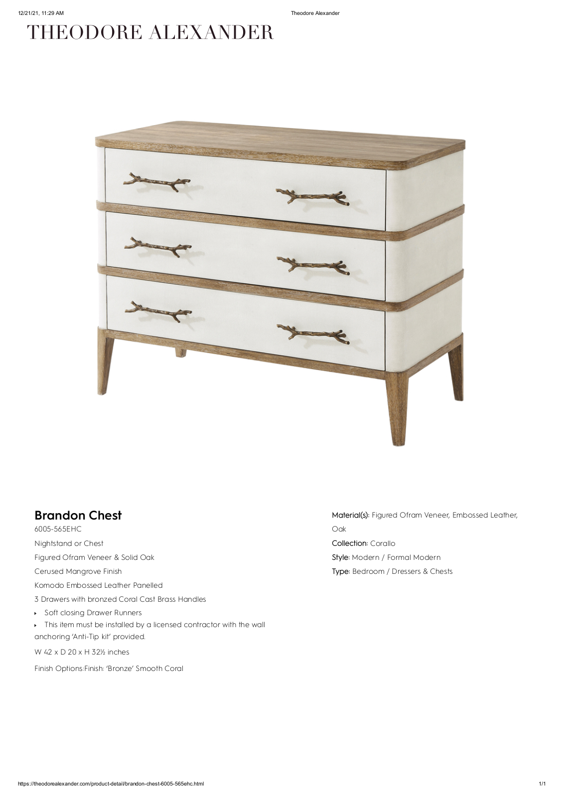 Theodore Alexander FPLJ2616 Specifications - ManualMachine.com