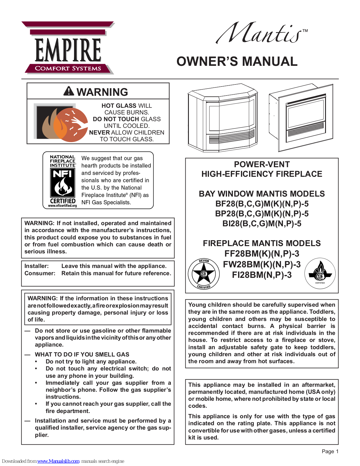 Empire Comfort Systems Mantis BF28 Series, Mantis BI28 Series, Mantis FF28BM Series, Mantis FW28BM Series, Mantis FI28BM Series Owner's Manual