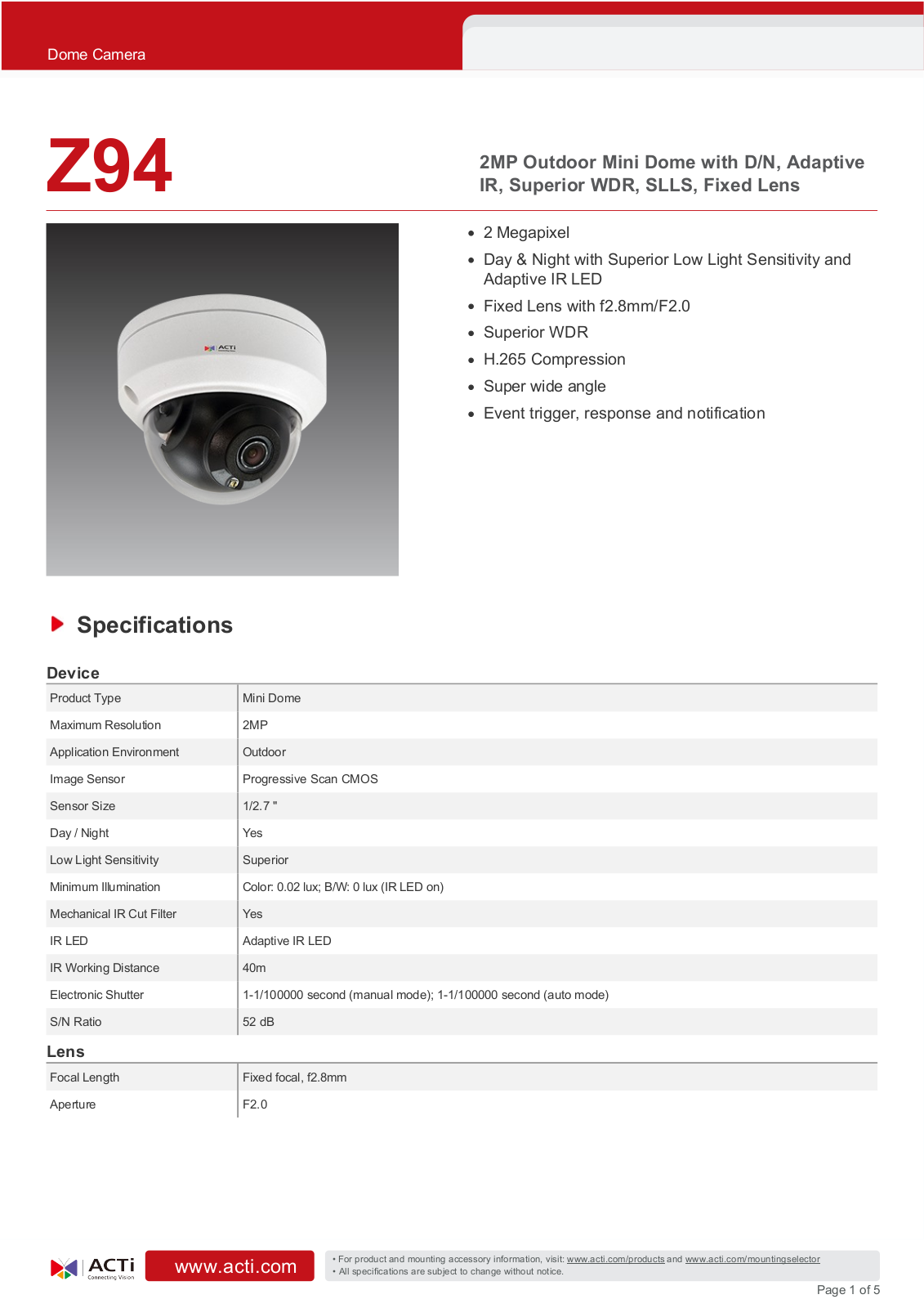 ACTi Z94 Specsheet