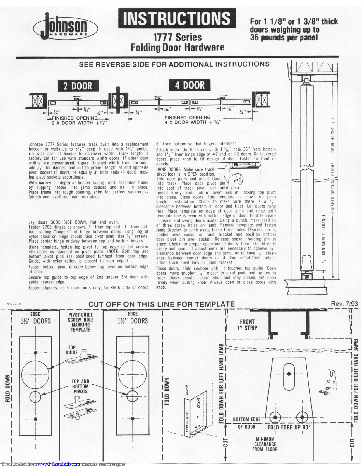 Johnson Hardware 1777 Series, IN1777FD Installation Instructions Manual