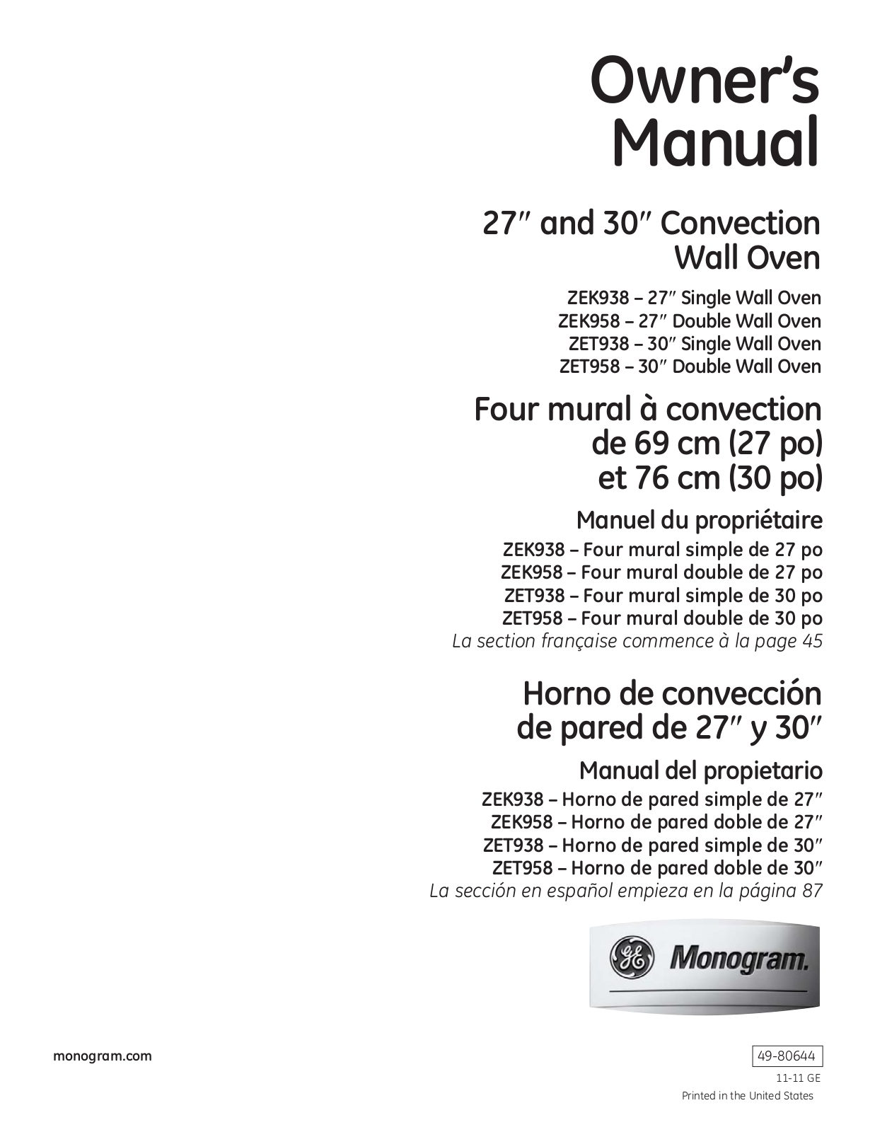 GE Monogram ZEK958SMSS, ZET958SMSS, ZEK938SMSS, ZET938SMSS Owner's Manual