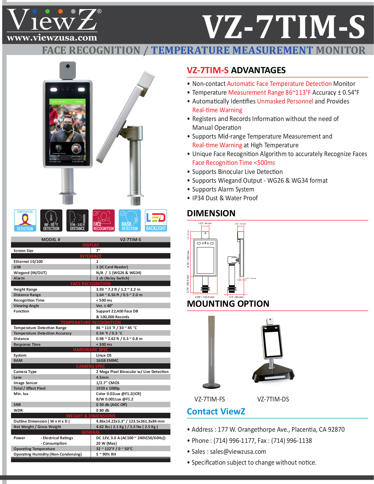 ViewZ VZ-7TIM-S Specsheet