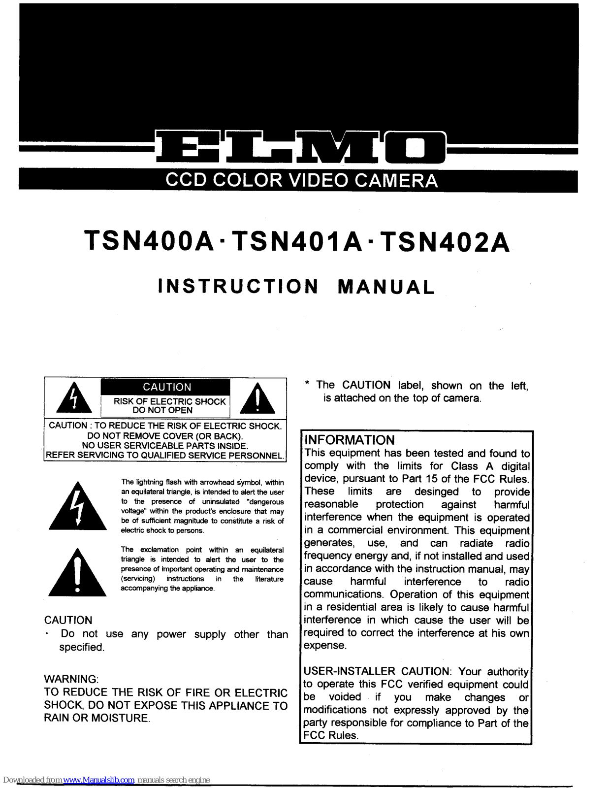 Elmo CCD Color Dome Camera TSN400A, TSN401A, TSN402A Instruction Manual