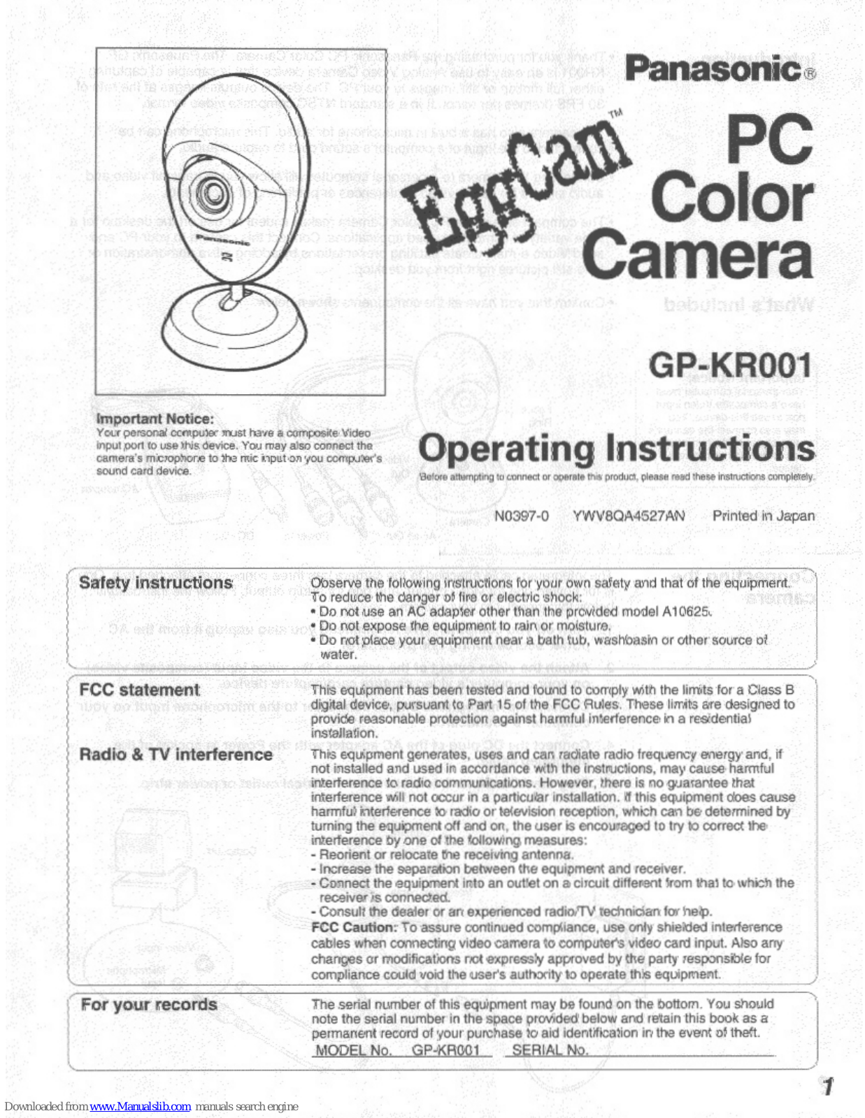 Panasonic EggCam GP-KR001 Operating Instructions Manual