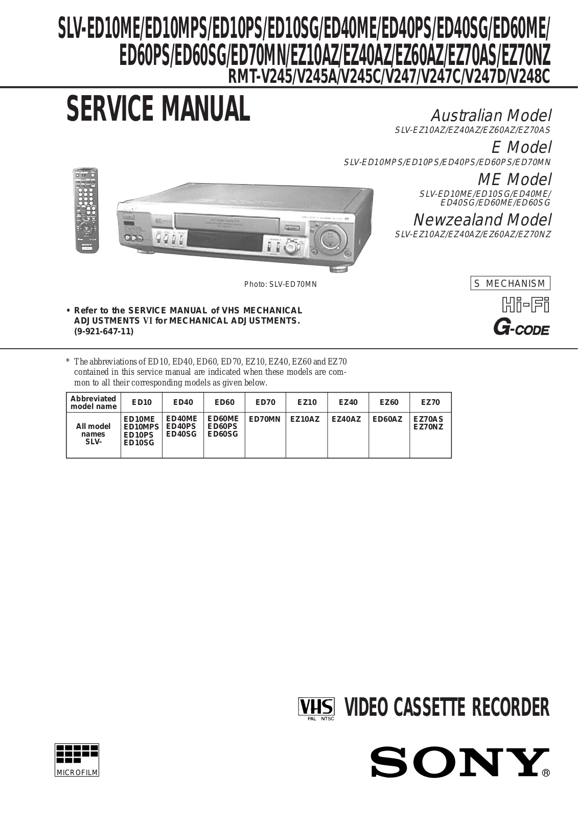 Sony SLV-ED10ME, SLV-ED10MPS, SLV-ED10PS Service Manual