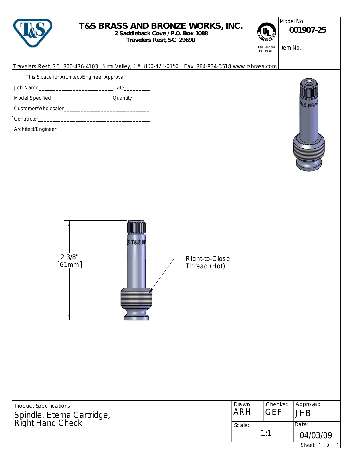 T&S Brass 001907-25 User Manual