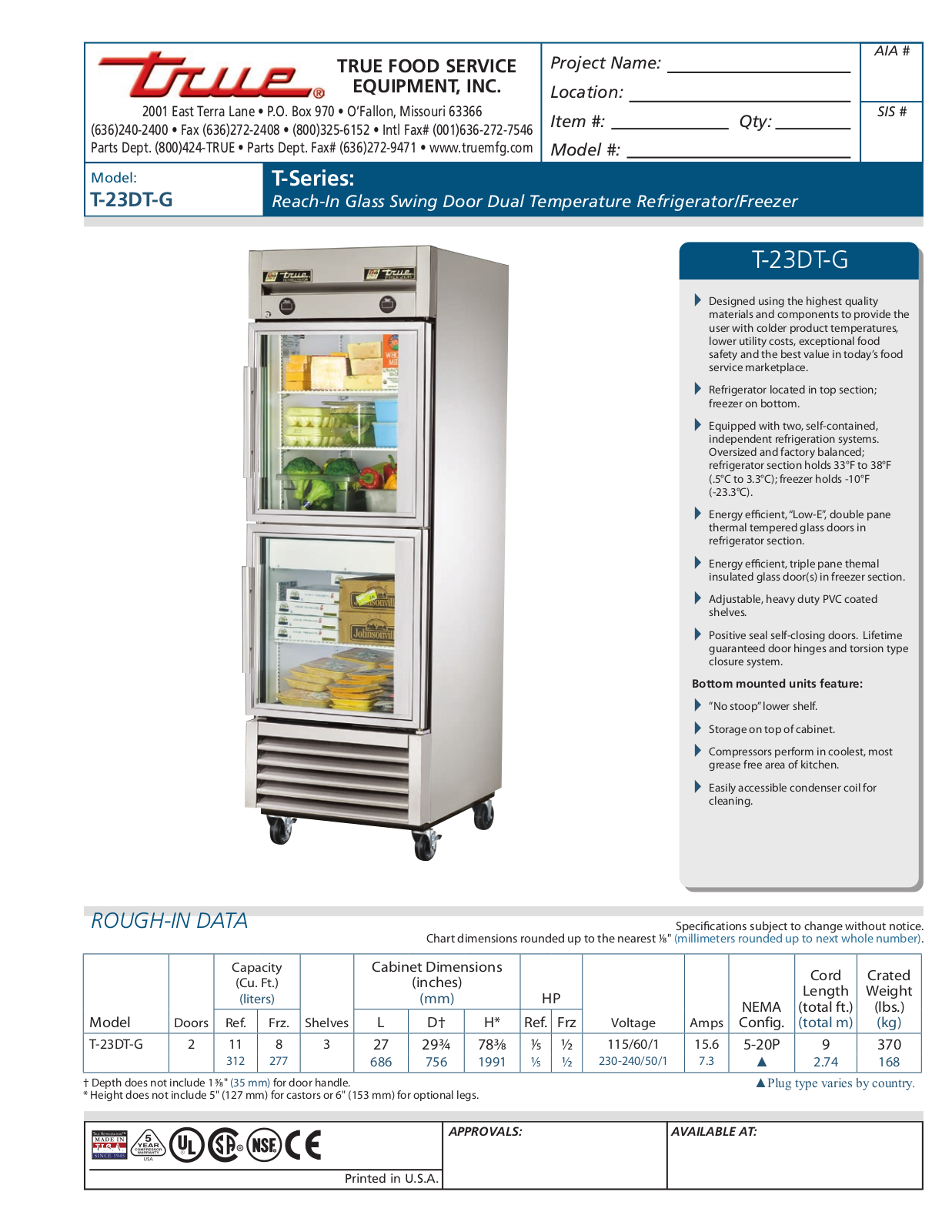 True T-23DT-G Specifications