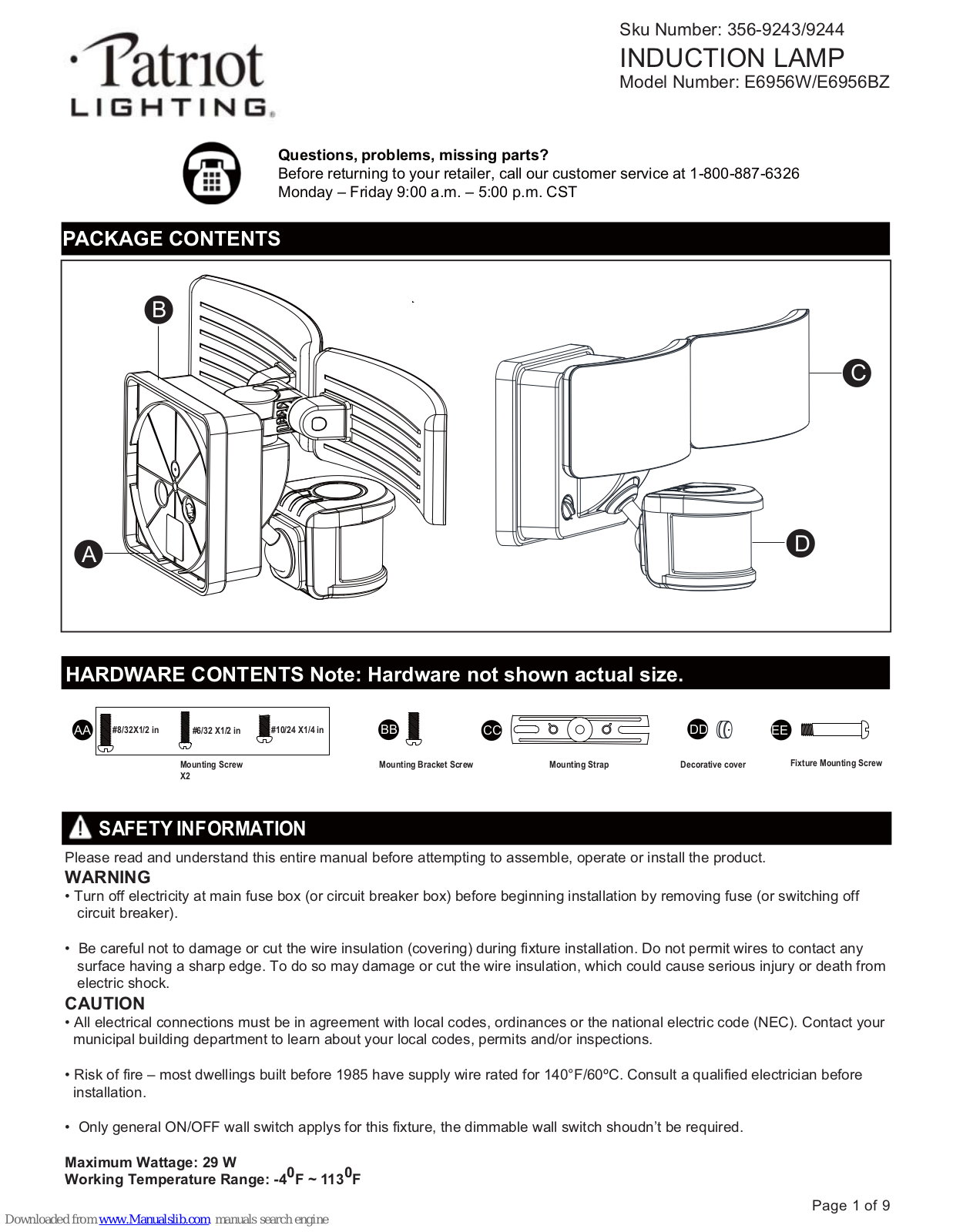 Patriot Lighting E6956W, E6956BZ User Manual