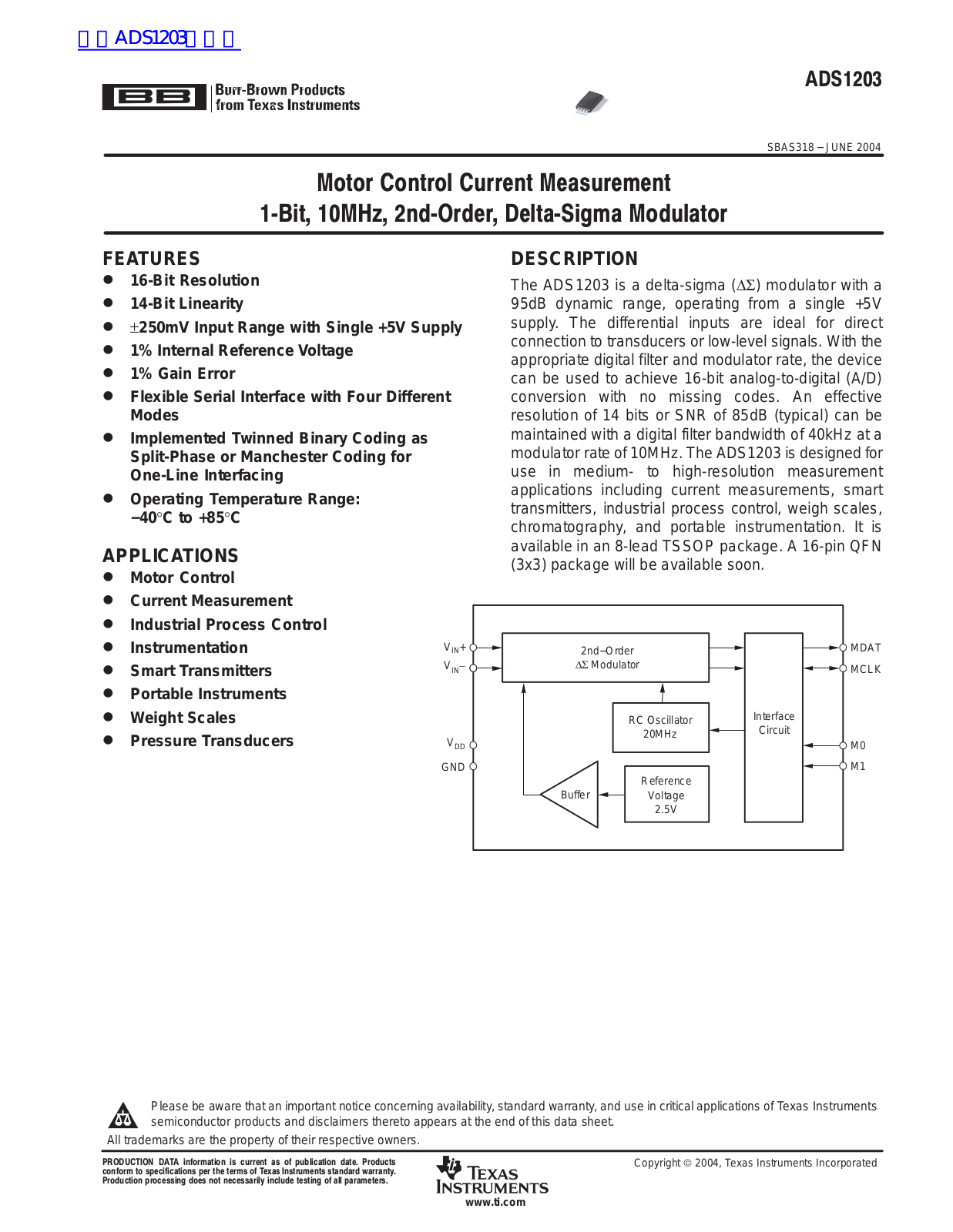 TEXAS INSTRUMENTS ADS1203 Technical data