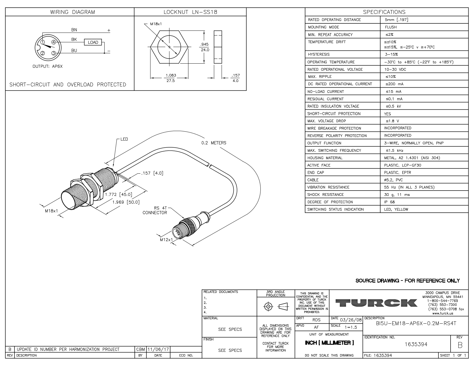 Turck BI5U-EM18-AP6X-0.2-RS4T Data Sheet