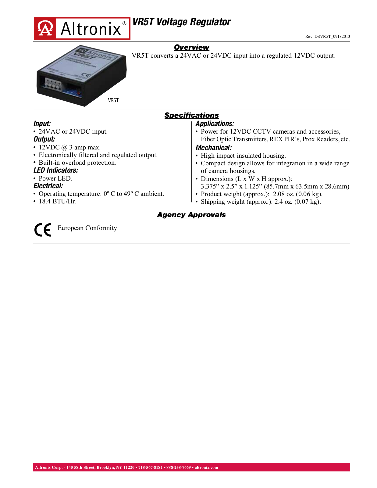 Altronix VR5T Specsheet