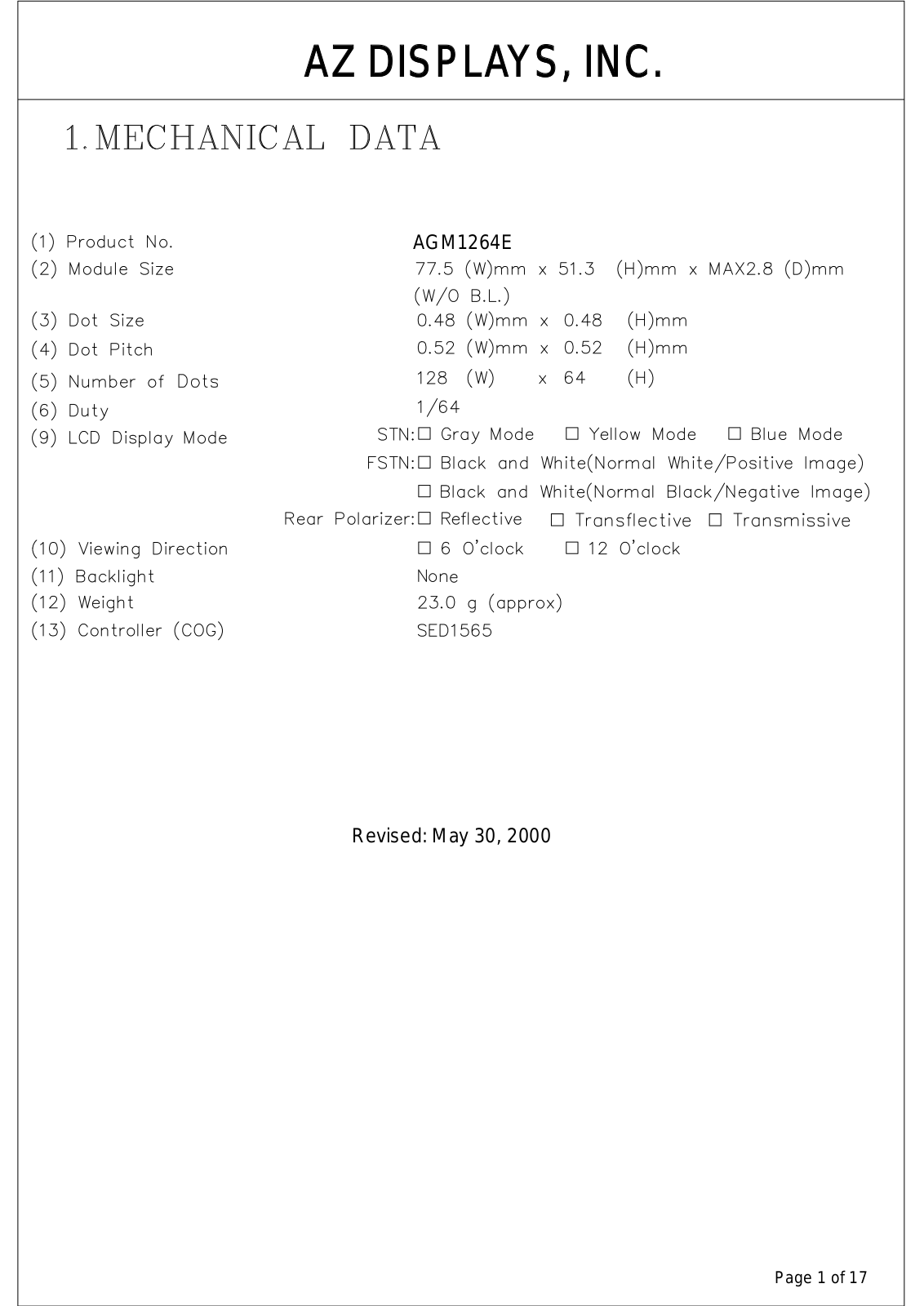 AZDIS AGM1264E-RNYTS-T, AGM1264E-RNYTH-T, AGM1264E-RNYTD-T, AGM1264E-RNYBS-T, AGM1264E-RNYBH-T Datasheet