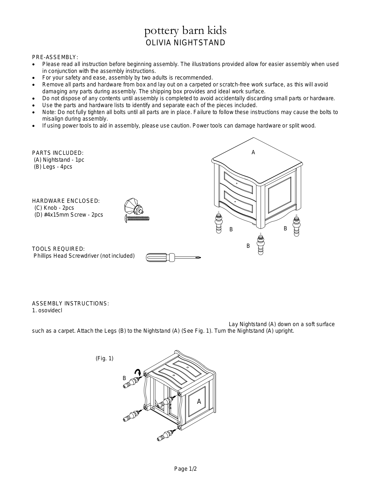 Pottery Barn Olivia Nightstand Assembly Instruction