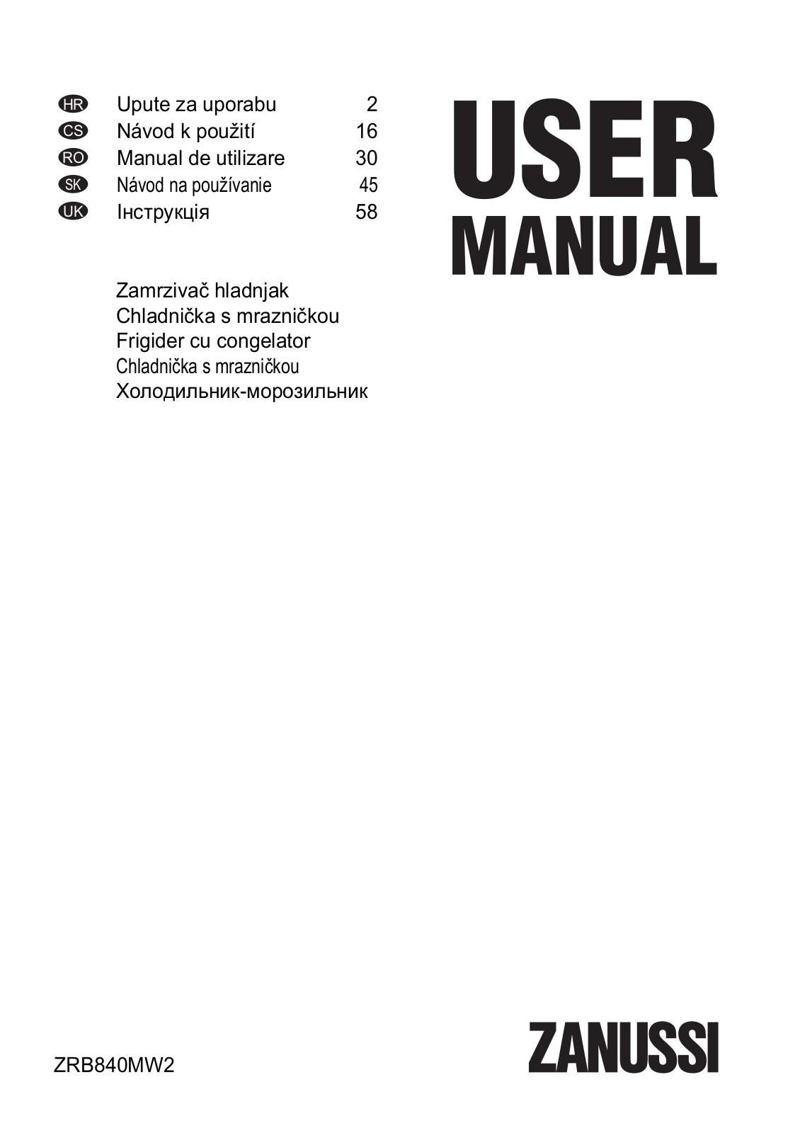 Zanussi ZRB840MW2 User Manual