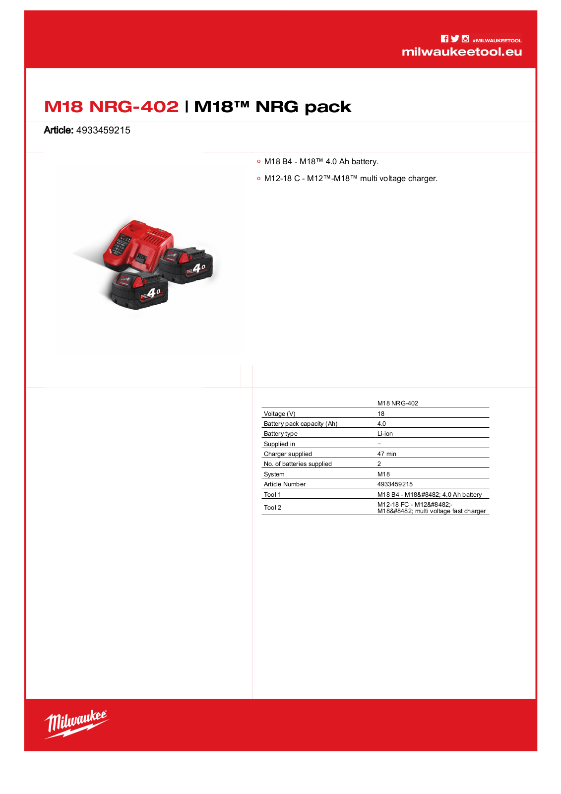 Milwaukee M18 NRG-402 User Manual