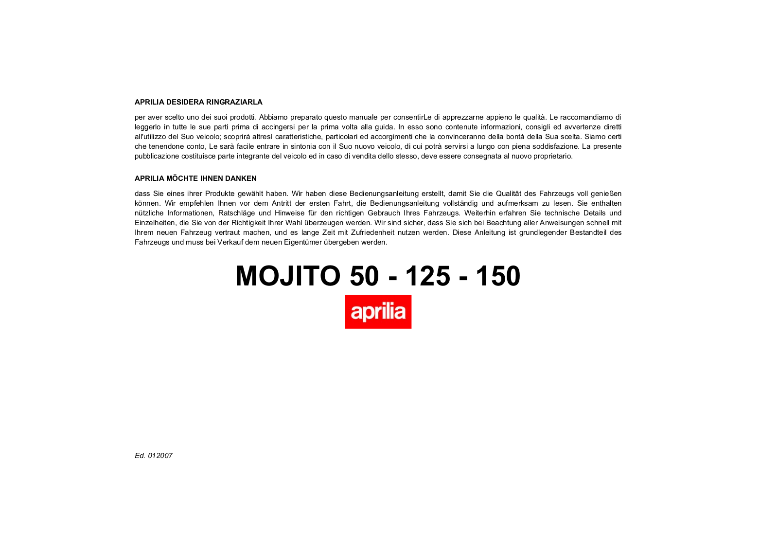 Aprilia MOJITO 150, MOJITO 125, MOJITO 50 User Manual