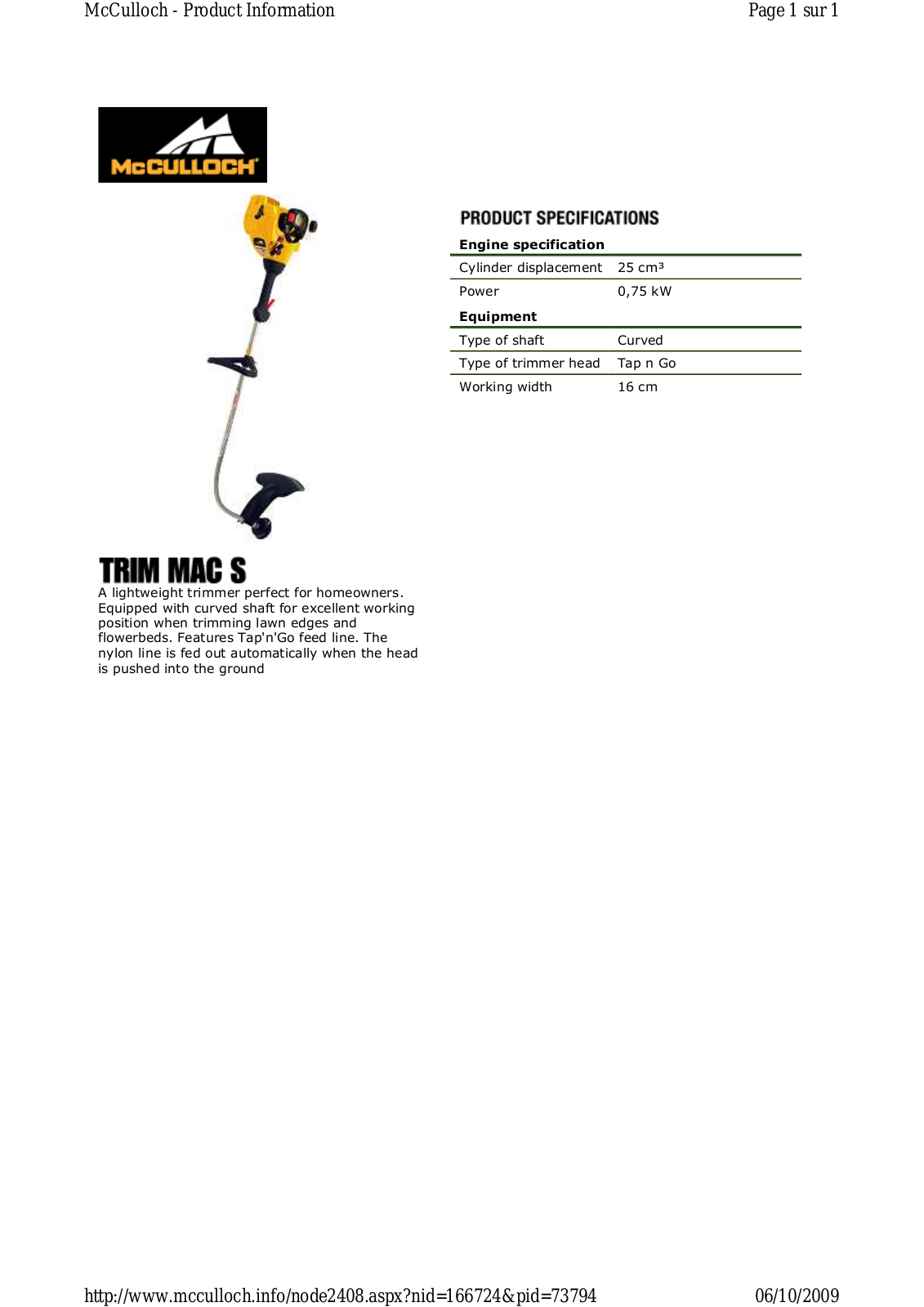 Mc culloch TRIM MAC S TECHNICAL SPECIFICATIONS