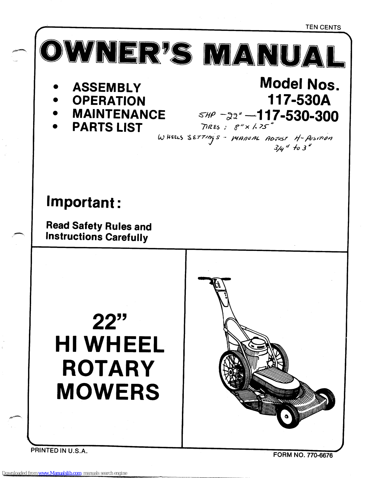 MTD 117-530-300, 117-530A Owner's Manual