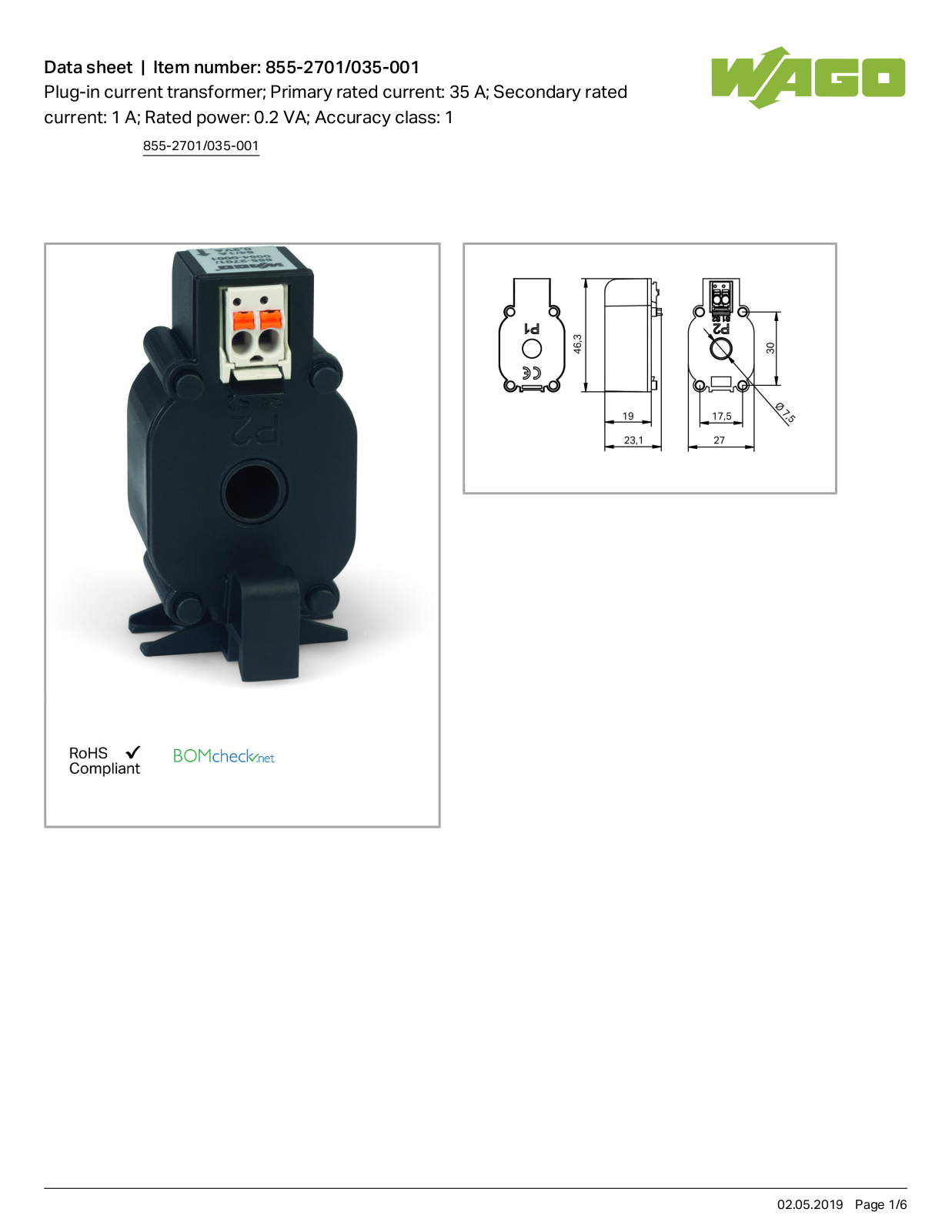 Wago 855-2701/035-001 Data Sheet