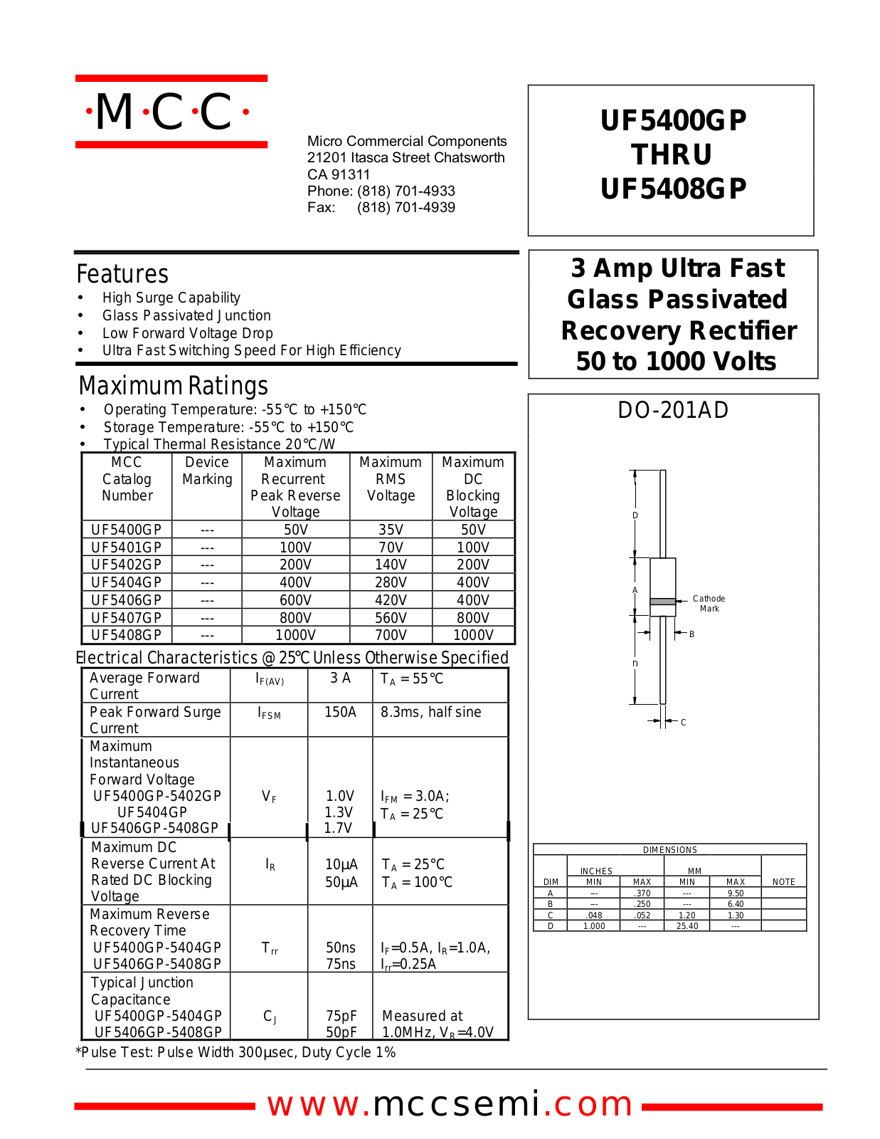 MCC UF5408GP, UF5406GP, UF5407GP, UF5404GP, UF5402GP Datasheet