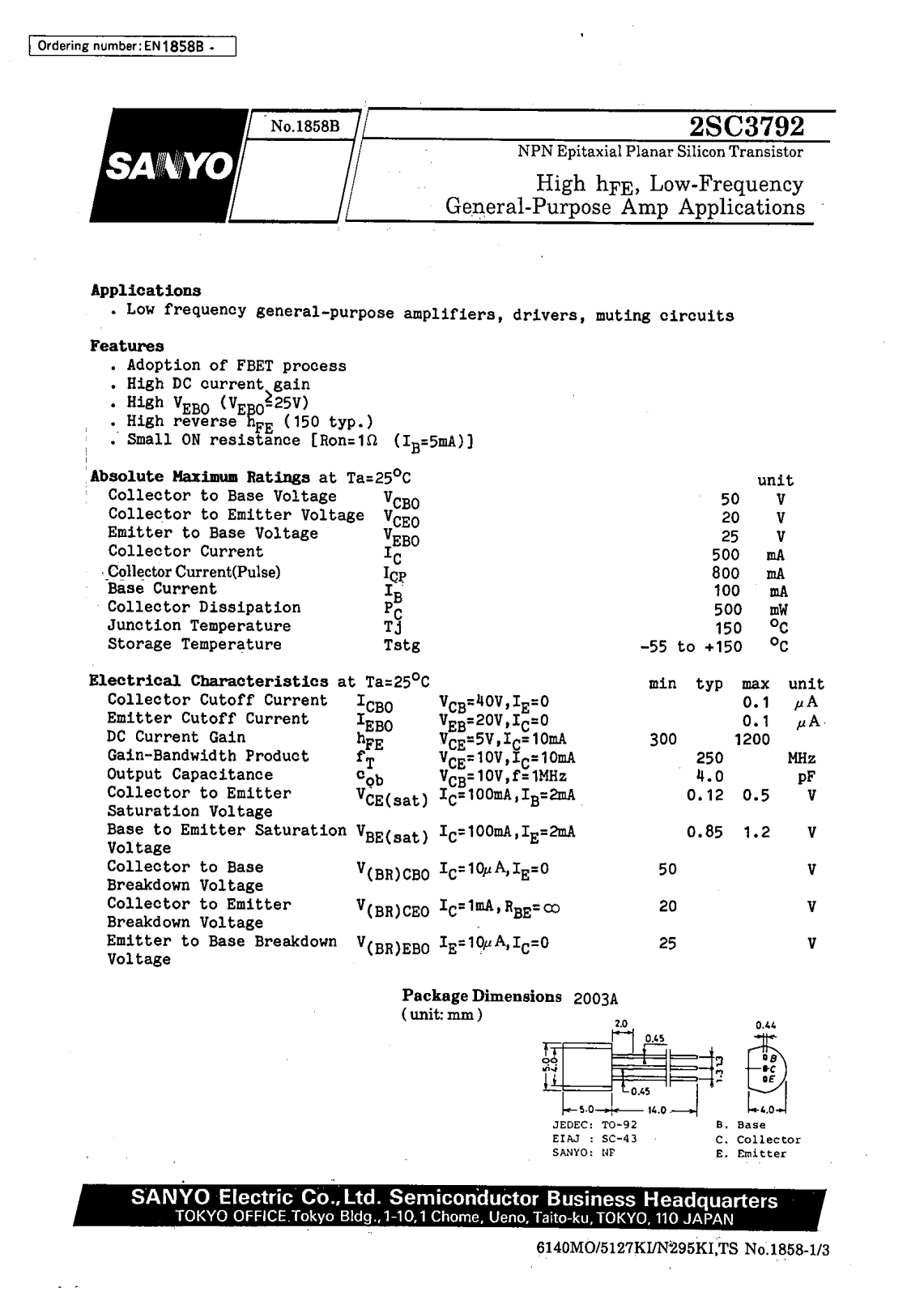 SANYO 2SC3792 Datasheet