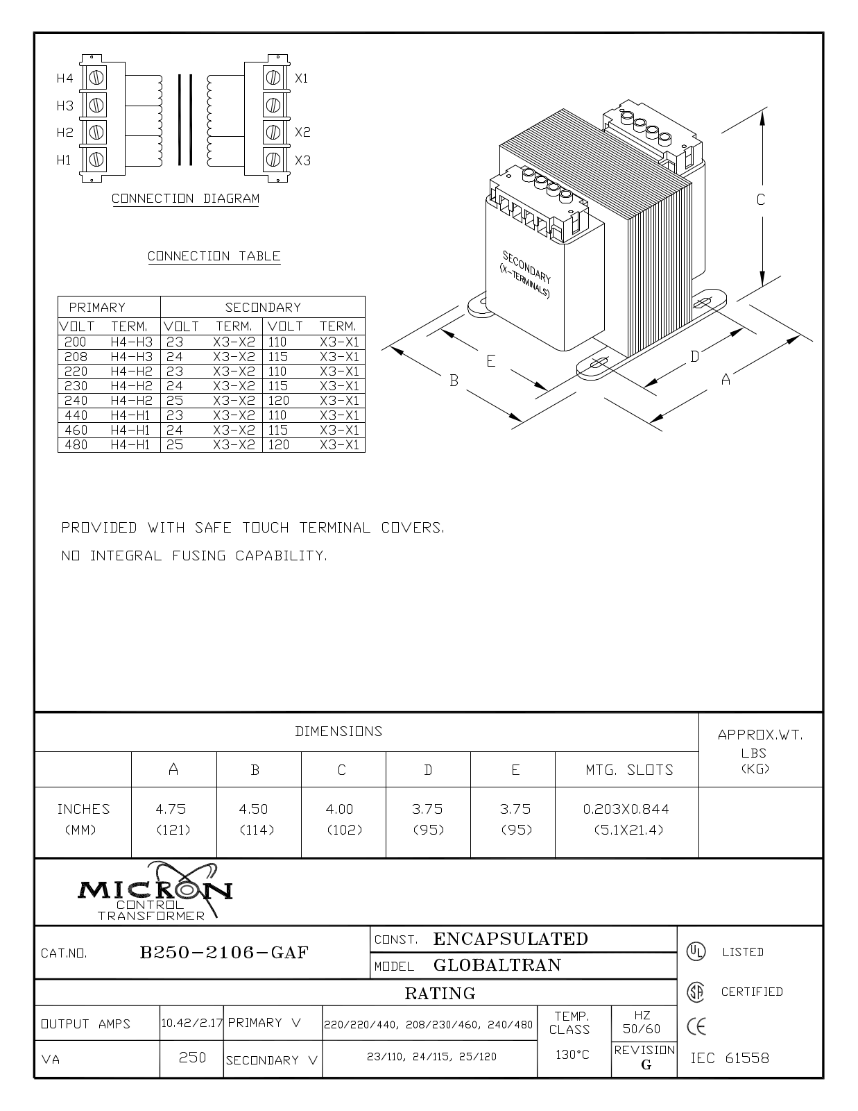 Micron Industries B250-2106-GAF Specification Sheet