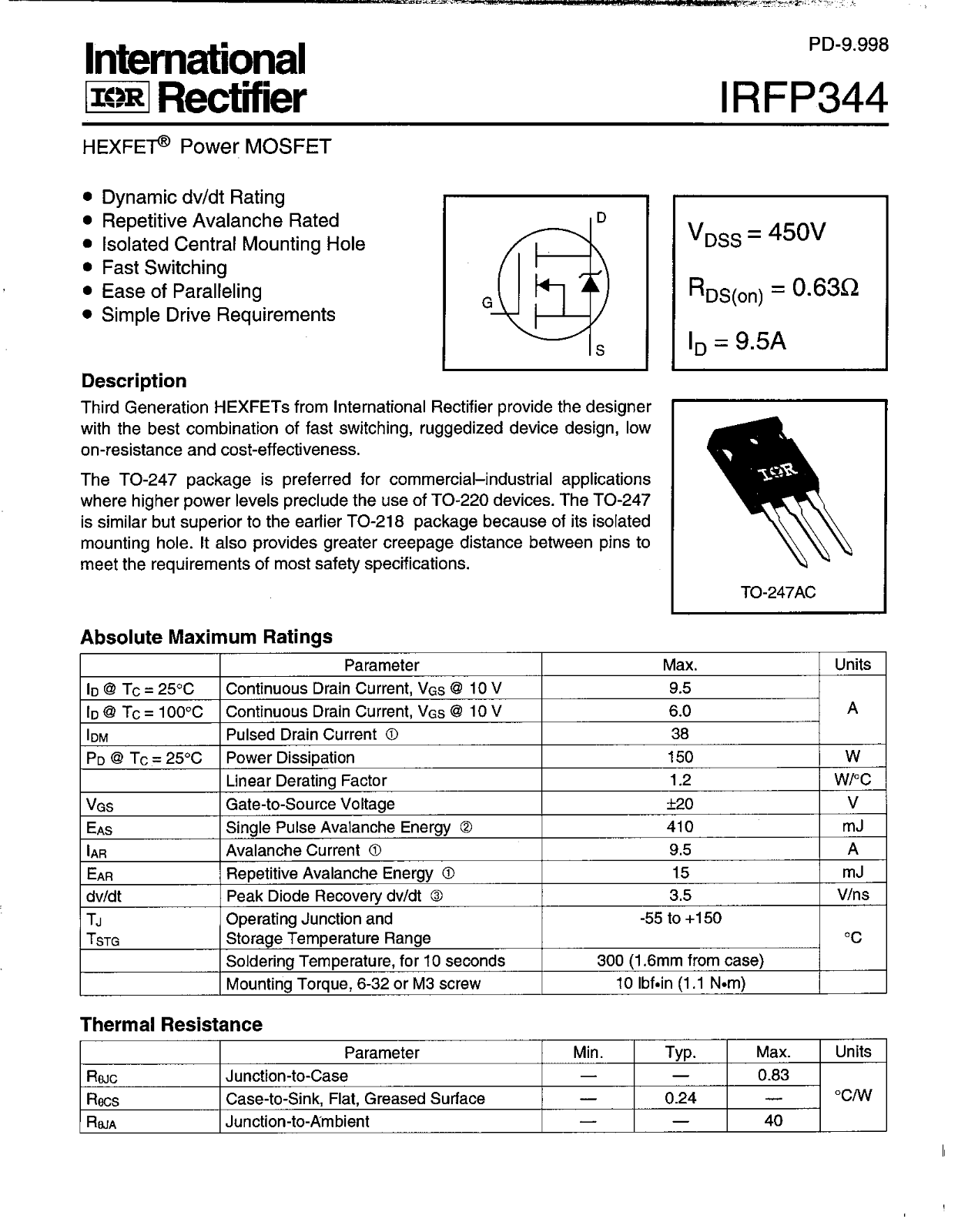 International Rectifier IRFP344 Datasheet