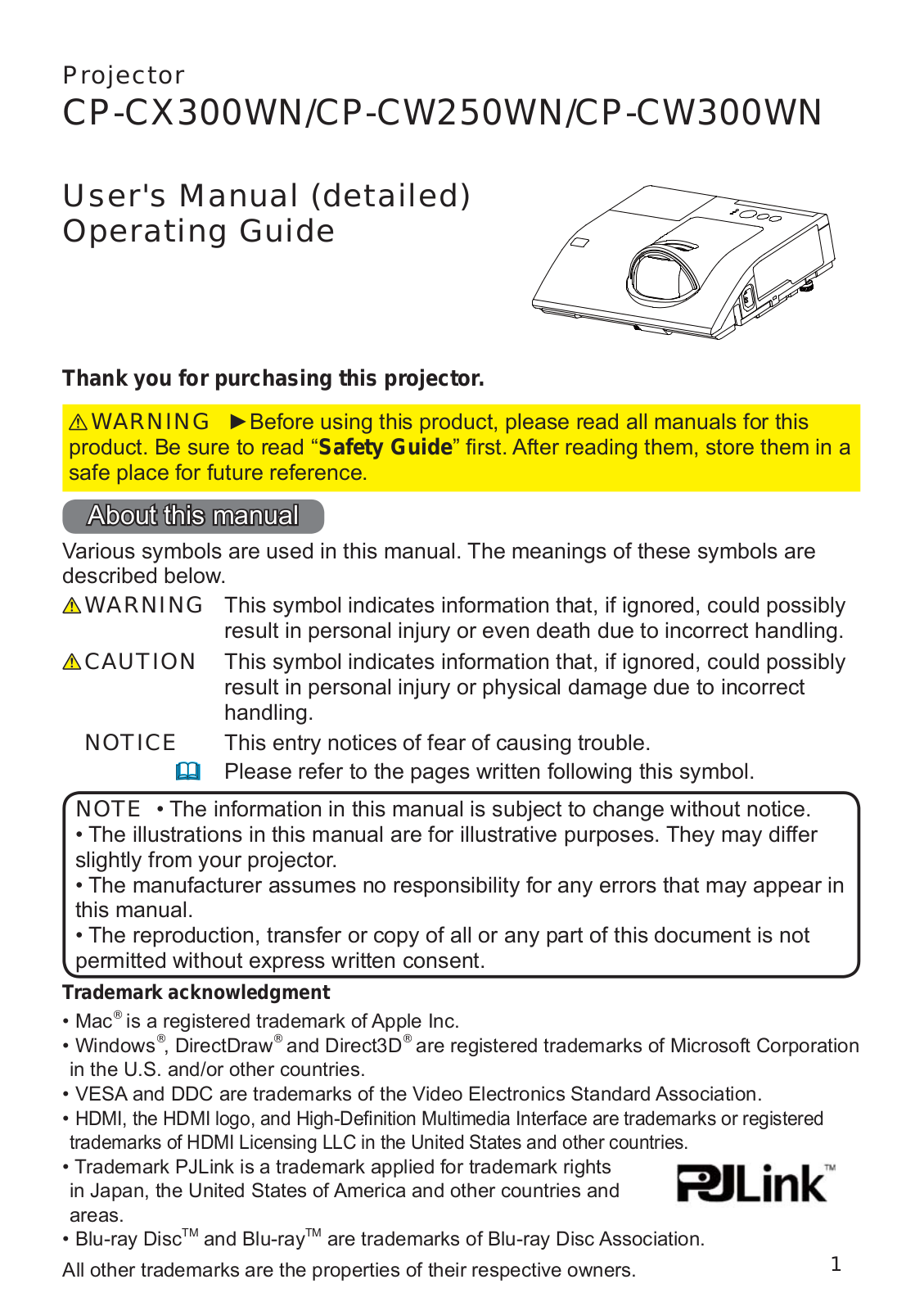 Hitachi CP-CX300WN, CP-CW250WN, CP-CW300WN Operating Instruction